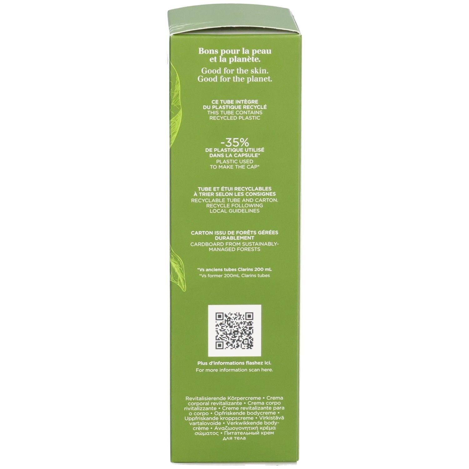 Zijkant van de doos Clarins Aroma Eau Extraordinaire Body Cream, met recyclinginformatie.
