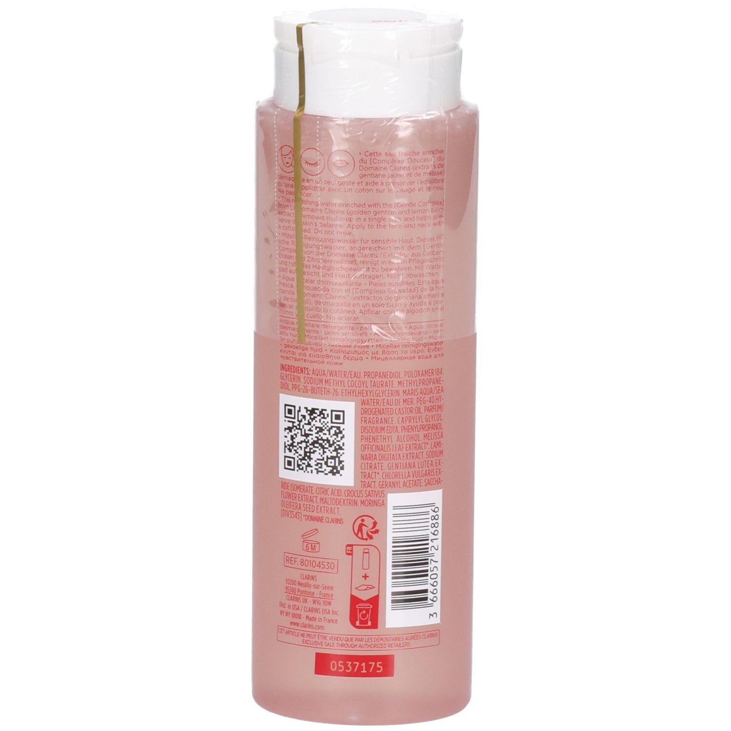 Arrière de la bouteille Clarins Eau Micellaire Démaquillante avec ingrédients et code-barres.