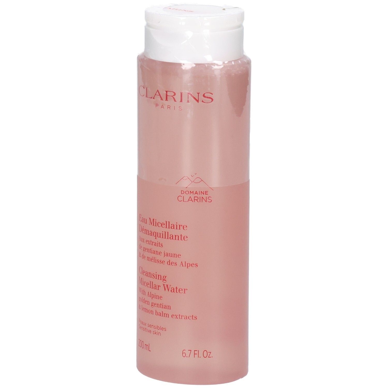 Clarins Eau Micellaire Démaquillante, vue de face de la bouteille avec liquide rose et bouchon blanc.