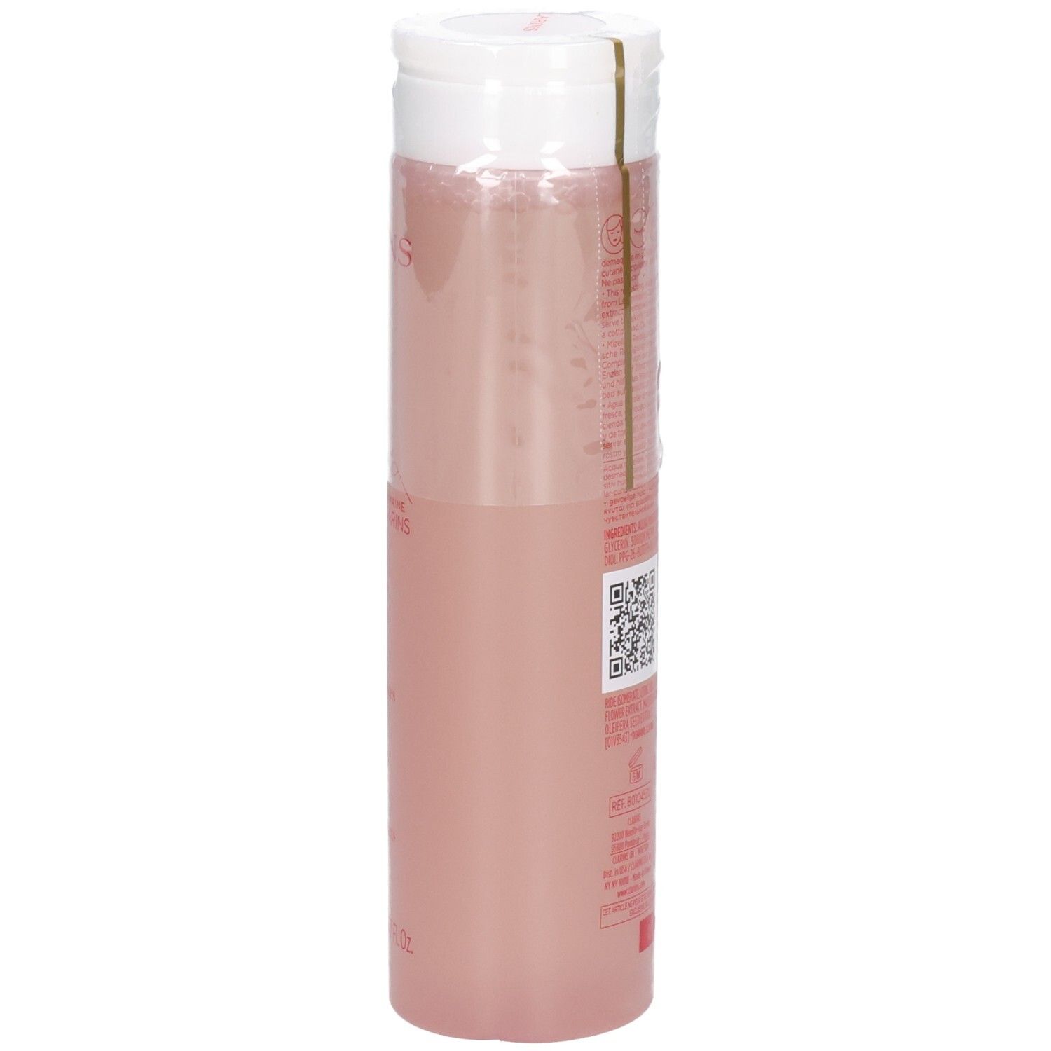 Clarins Eau Micellaire Démaquillante, vue latérale oblique de la bouteille transparente avec contenu rose.