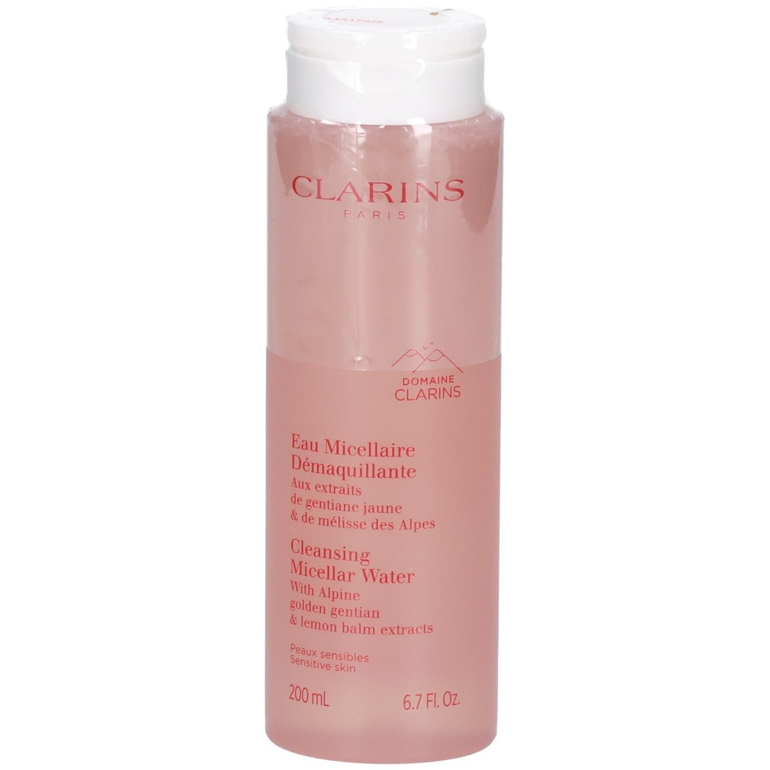 Clarins Eau Micellaire Démaquillante, vue de face de la bouteille avec étiquette et bouchon blanc.