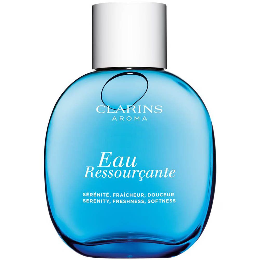 Flacon Clarins Eau Ressourçante avec bouchon blanc, rempli de liquide bleu.