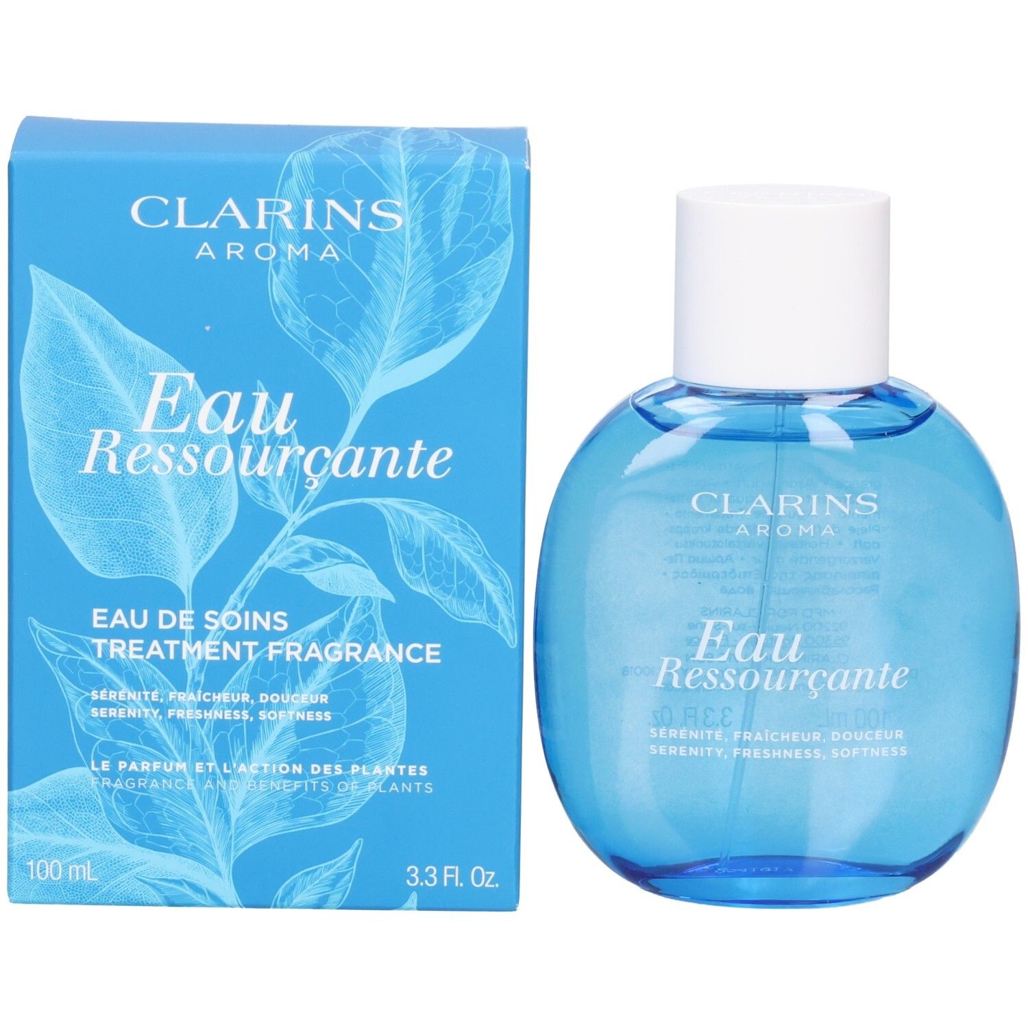 Flacon Clarins Eau Ressourçante à côté de sa boîte bleue avec motif de feuilles.