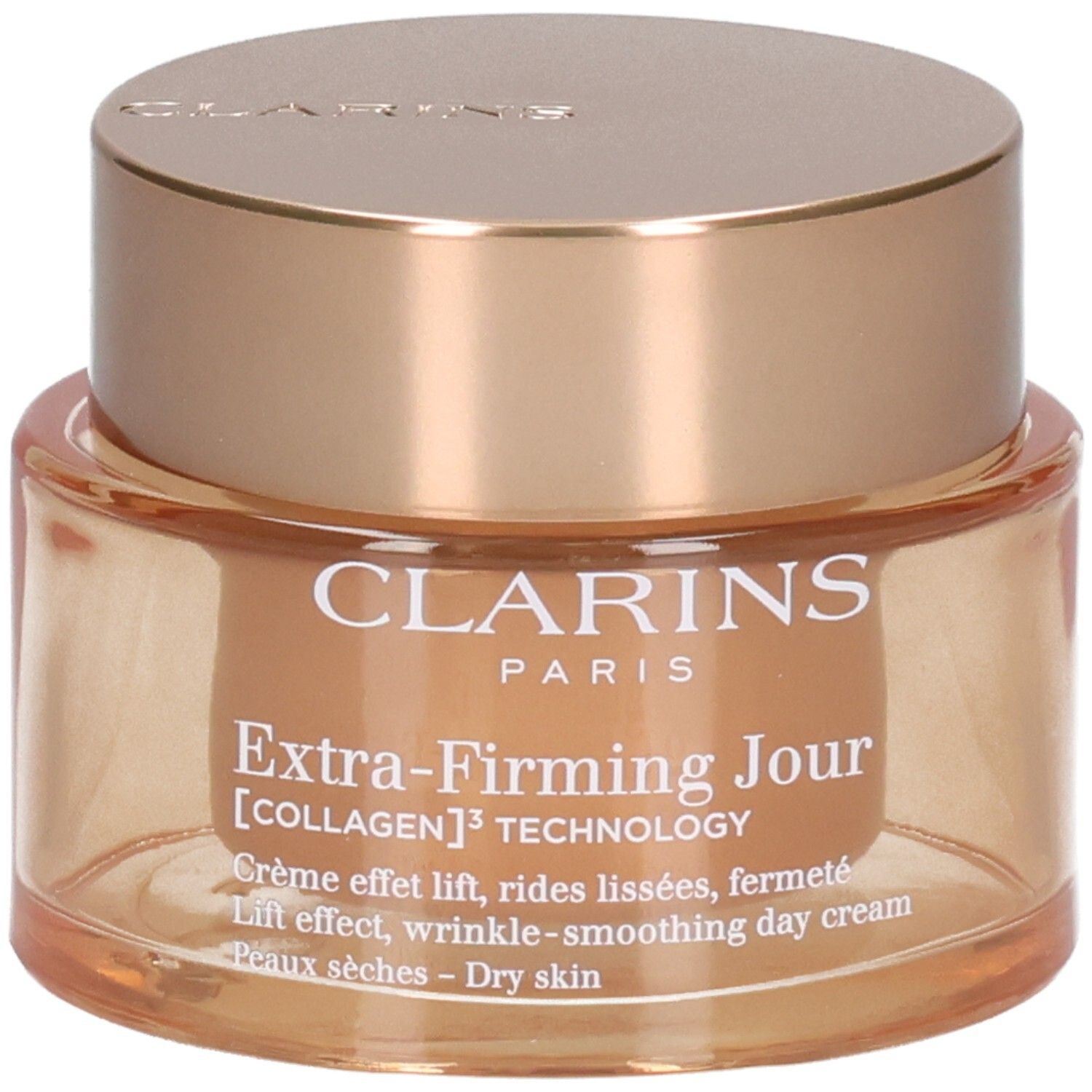 Clarins Extra-Firming Jour crème de jour dans un pot en verre avec un couvercle doré.