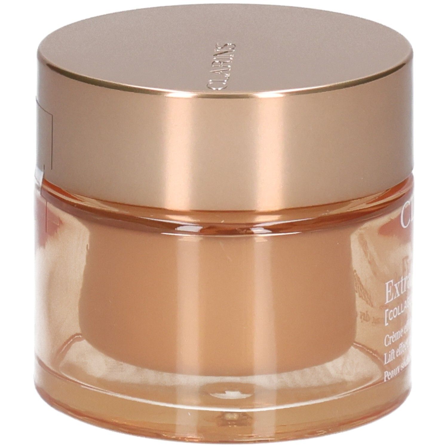 Clarins Extra-Firming Jour crème de jour, vue latérale d'un pot en verre avec un couvercle doré.