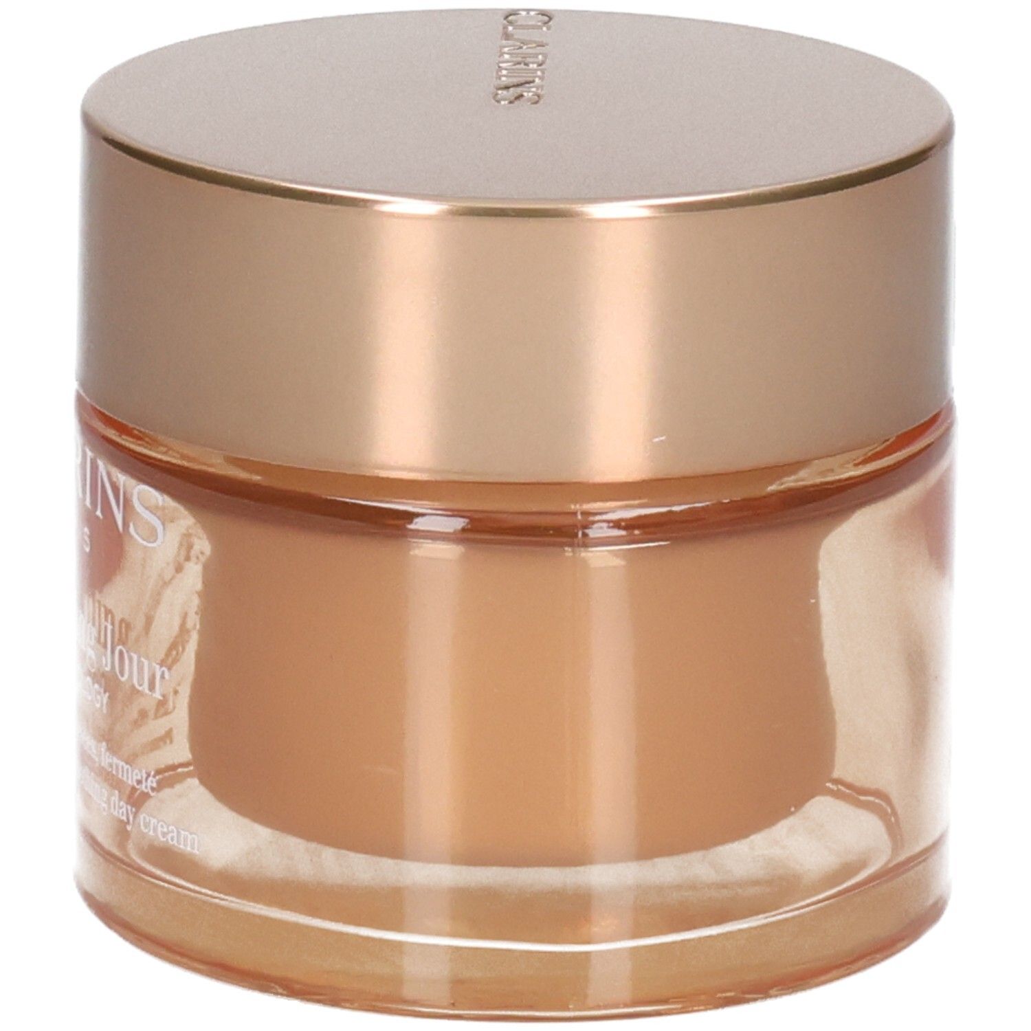Clarins Extra-Firming Jour crème de jour, vue avant droite d'un pot en verre avec un couvercle doré.