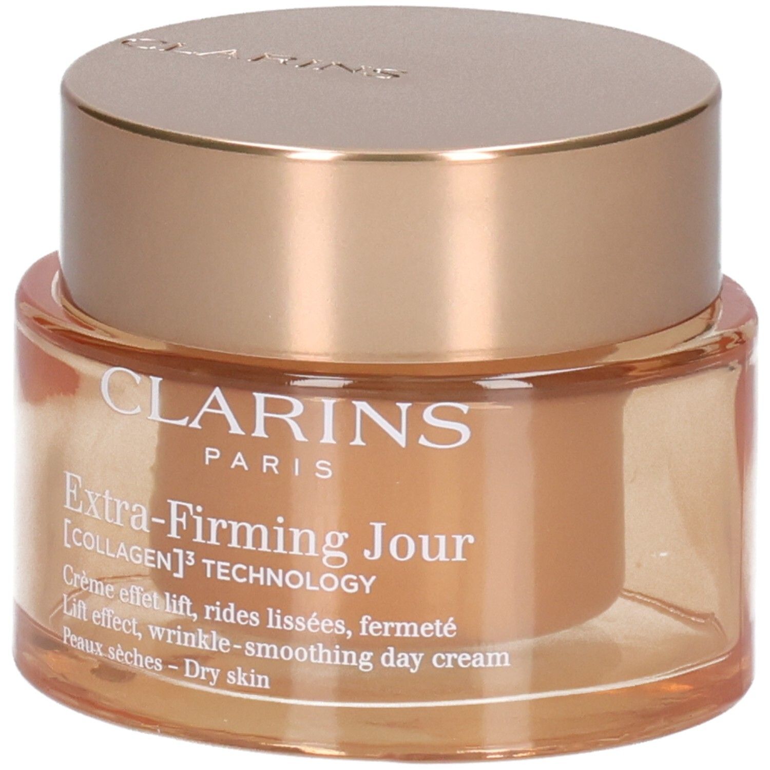 Clarins Extra-Firming Jour crème de jour, vue de face d'un pot en verre avec un couvercle doré.