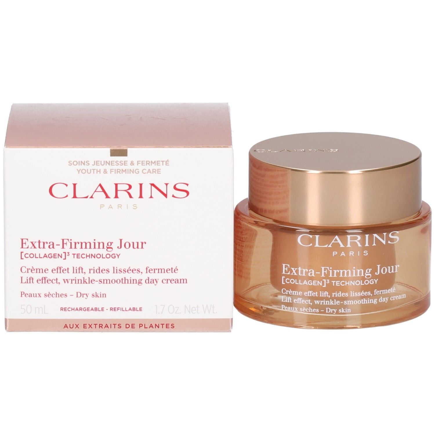 Clarins Extra-Firming Jour crème de jour et sa boîte d'emballage.
