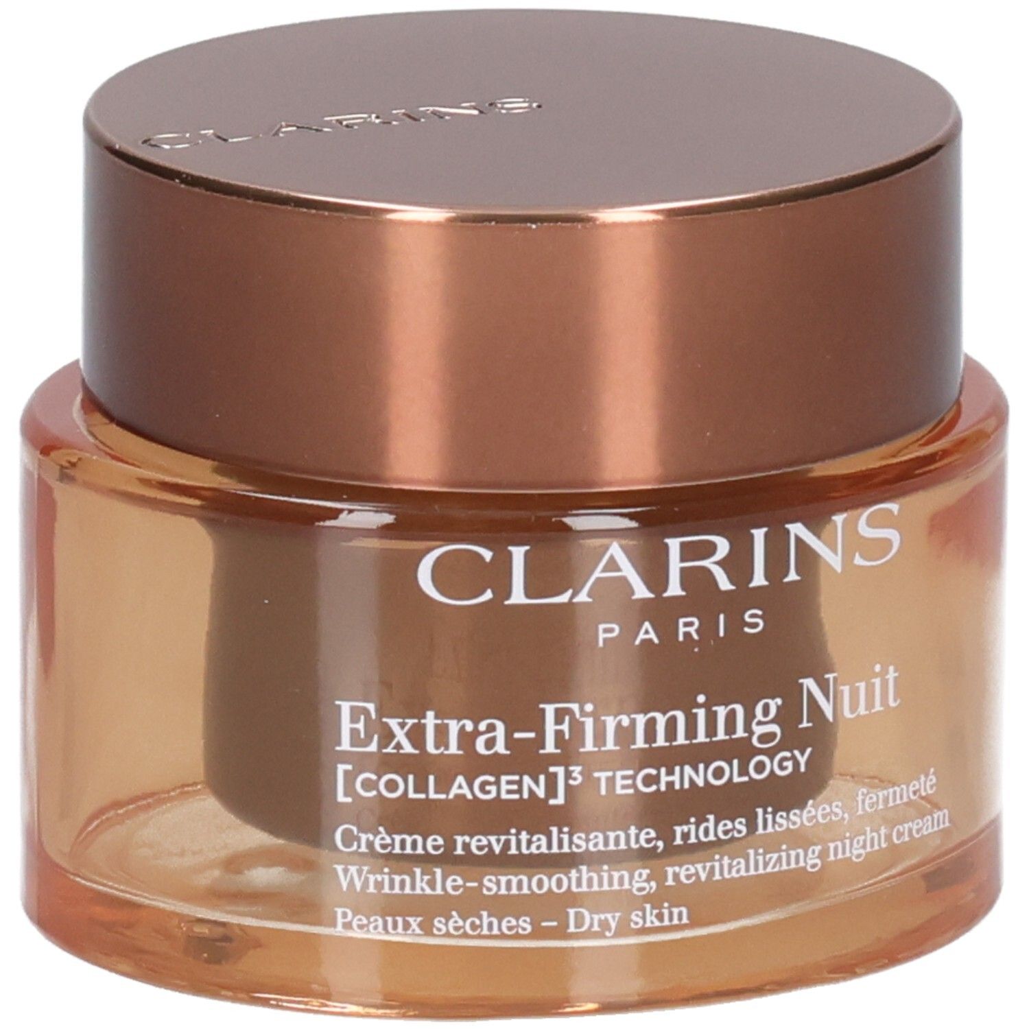 Pot Clarins Extra-Firming Nuit avec couvercle couleur cuivre.