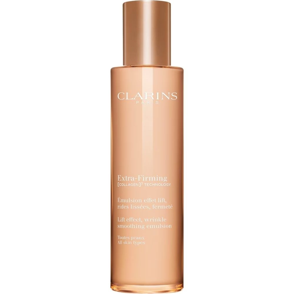 Clarins Extra-Firming Emulsion fles met gouden dop. Gladde, lichte lotion.