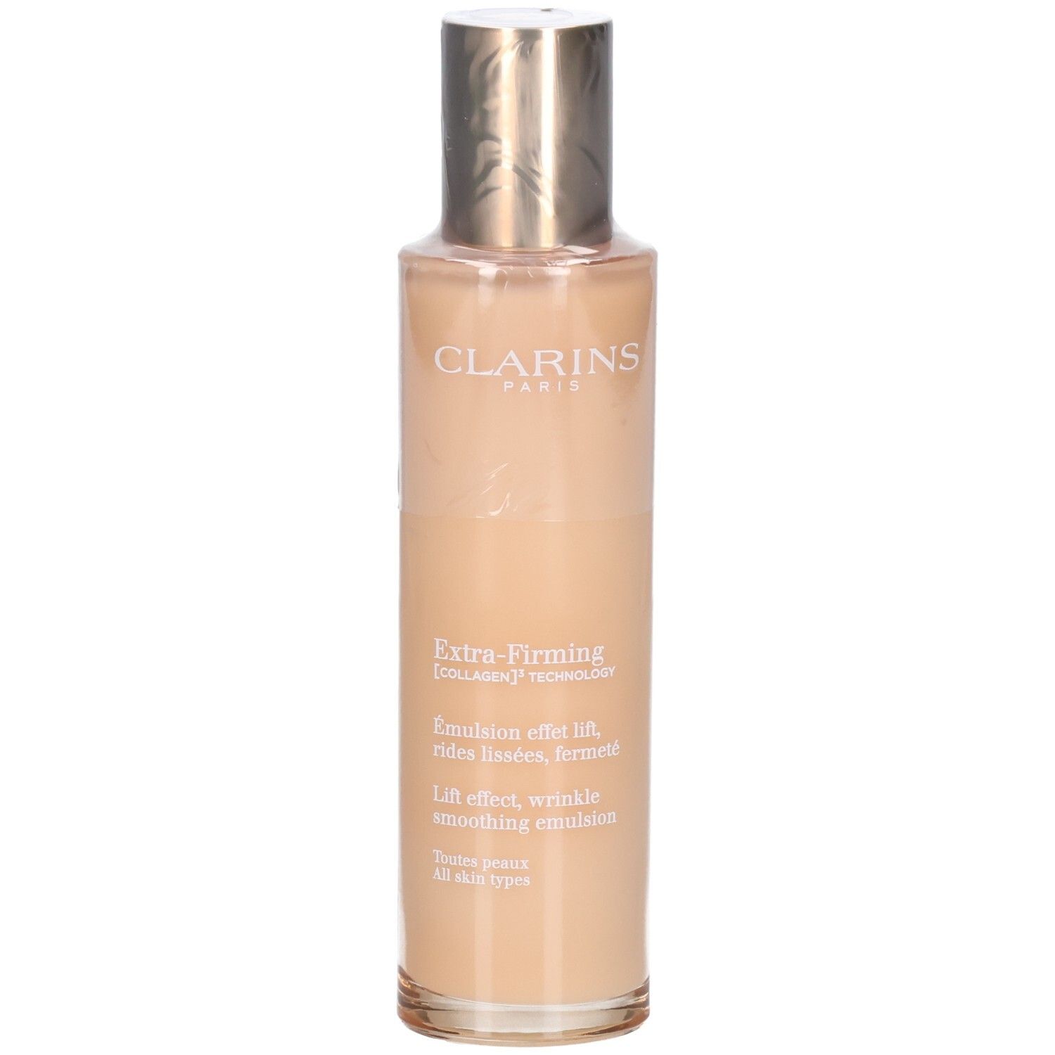 Clarins Extra-Firming Emulsion fles met gouden dop. Gladde, lichte lotion.