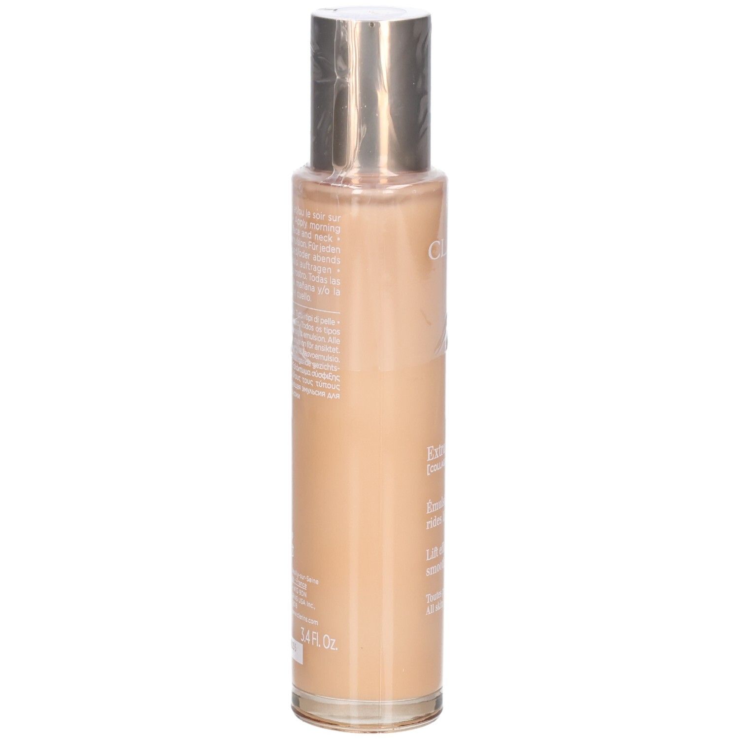 Clarins Extra-Firming Emulsion fles, zijaanzicht. Bevat tekstuele informatie.