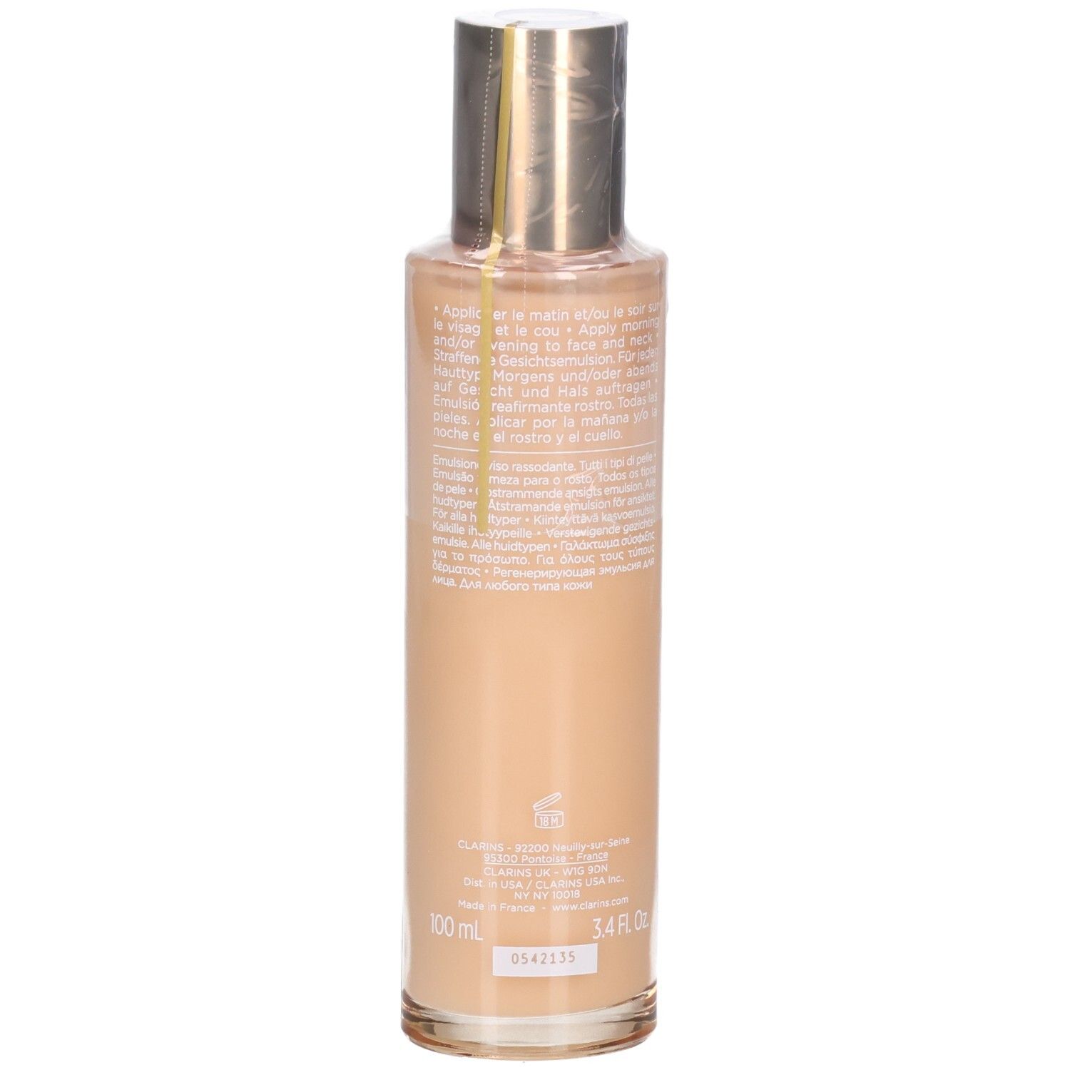Clarins Extra-Firming Emulsion fles, achterkant. Bevat tekst en 100ml aanduiding.