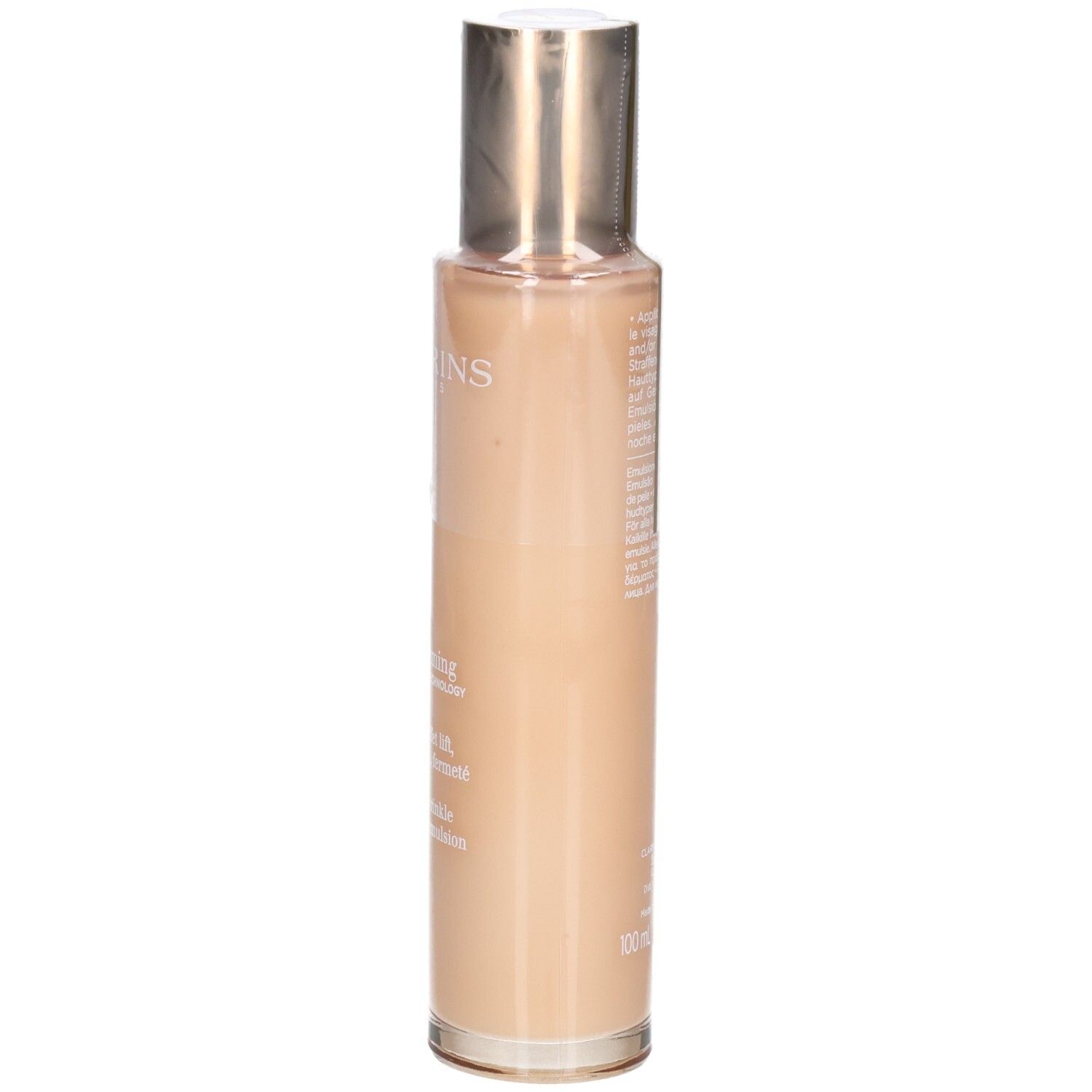 Clarins Extra-Firming Emulsion fles, zijaanzicht. Gladde, lichte lotion.