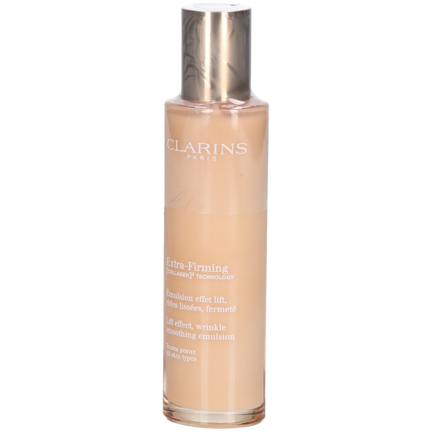Clarins Extra-Firming Emulsion fles met gouden dop. Gladde, lichte lotion.