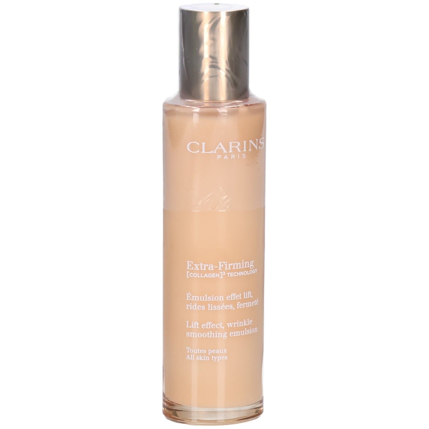 Clarins Extra-Firming Emulsion fles met gouden dop. Gladde, lichte lotion.