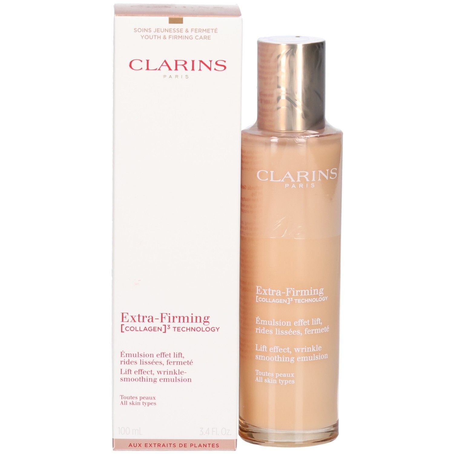 Clarins Extra-Firming Emulsion fles en verpakking. Tekst in het Duits en Engels.