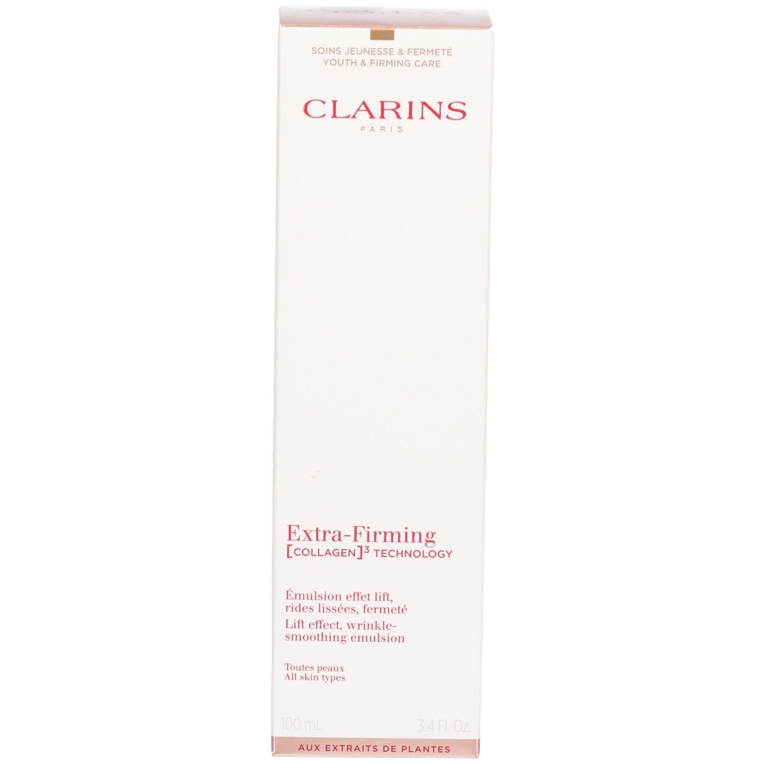 Clarins Extra-Firming Emulsion verpakking. Tekst in het Duits en Engels.