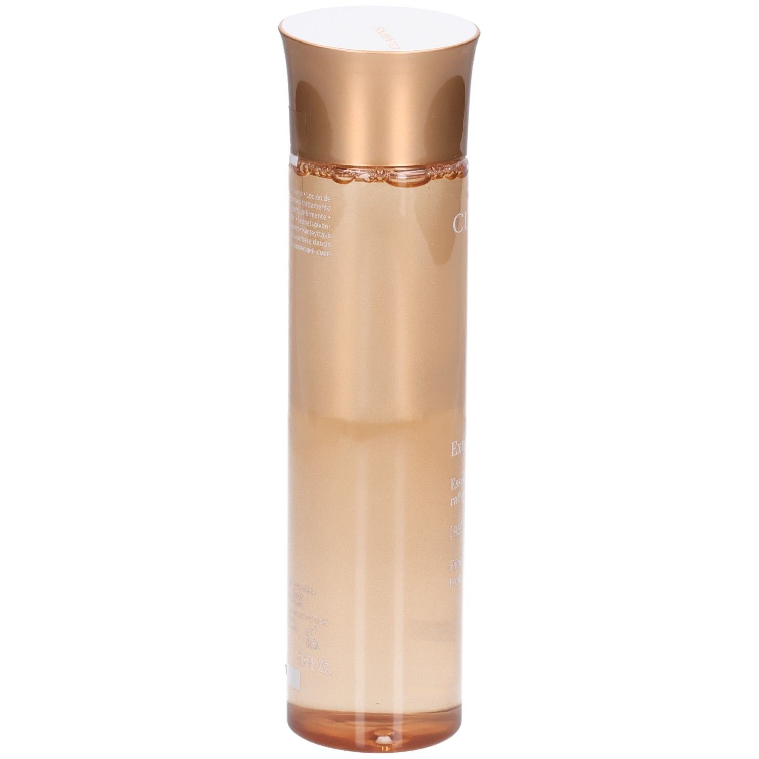 Essence Clarins Extra-Firming : vue latérale d'un flacon à bouchon doré et liquide pêche.