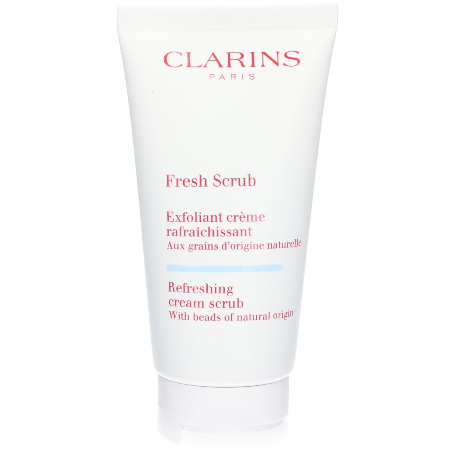 Tube Clarins Fresh Scrub : Gommage crème rafraîchissant aux grains d'origine naturelle.