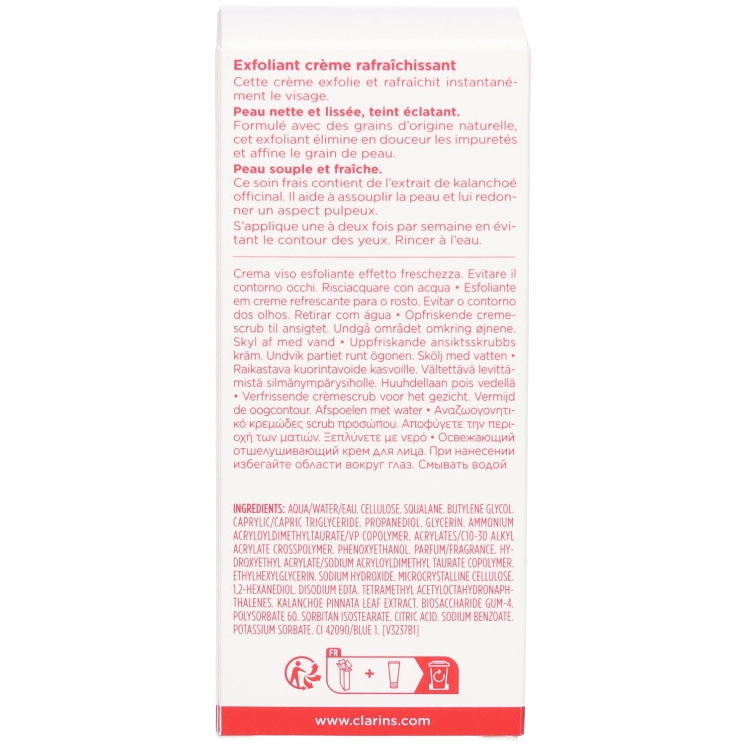 Boîte Clarins Fresh Scrub : Description du gommage visage rafraîchissant.