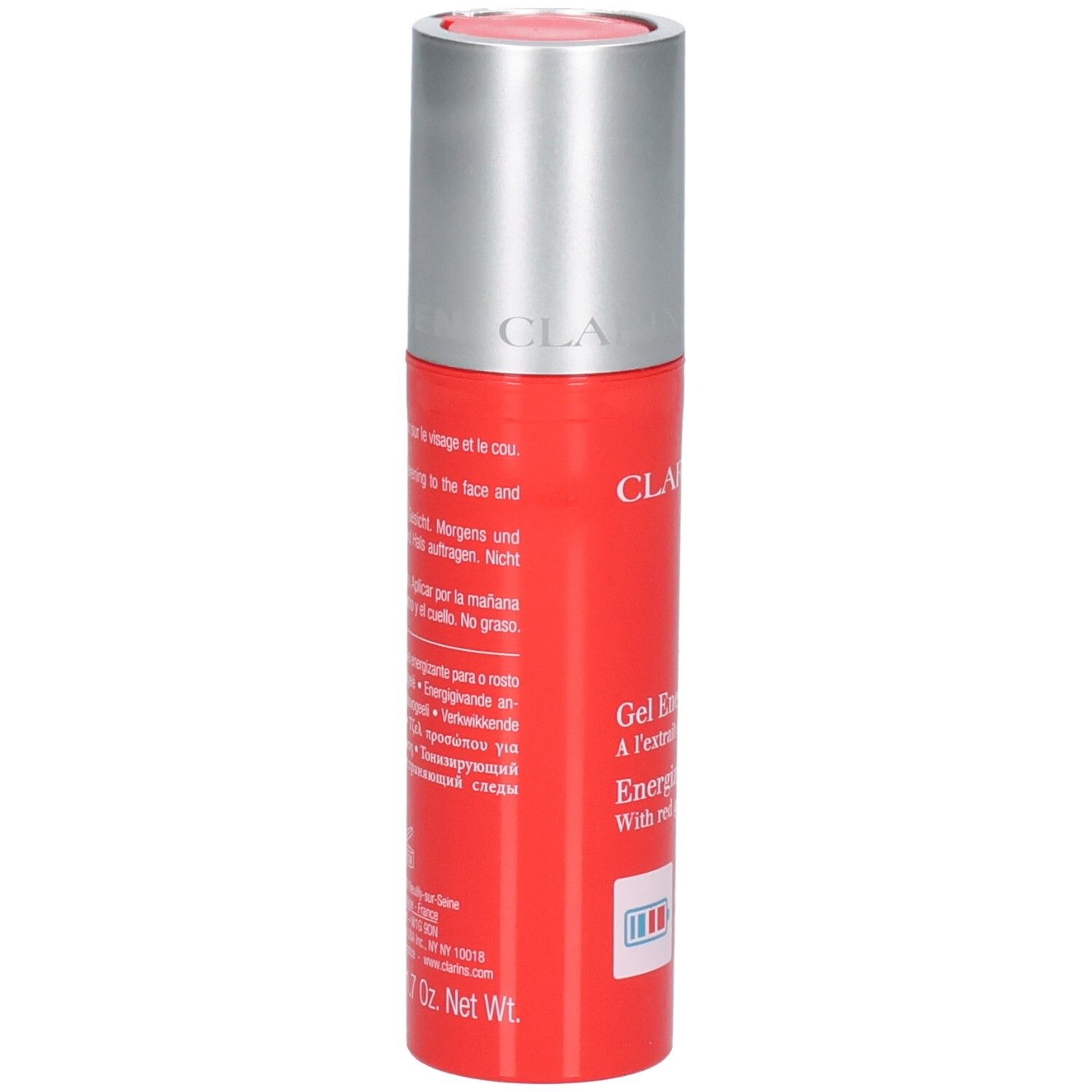 Arrière de la bouteille Clarins Men Gel Énergisant. Bouteille rouge avec texte blanc et bleu, y compris les informations sur le contenu.