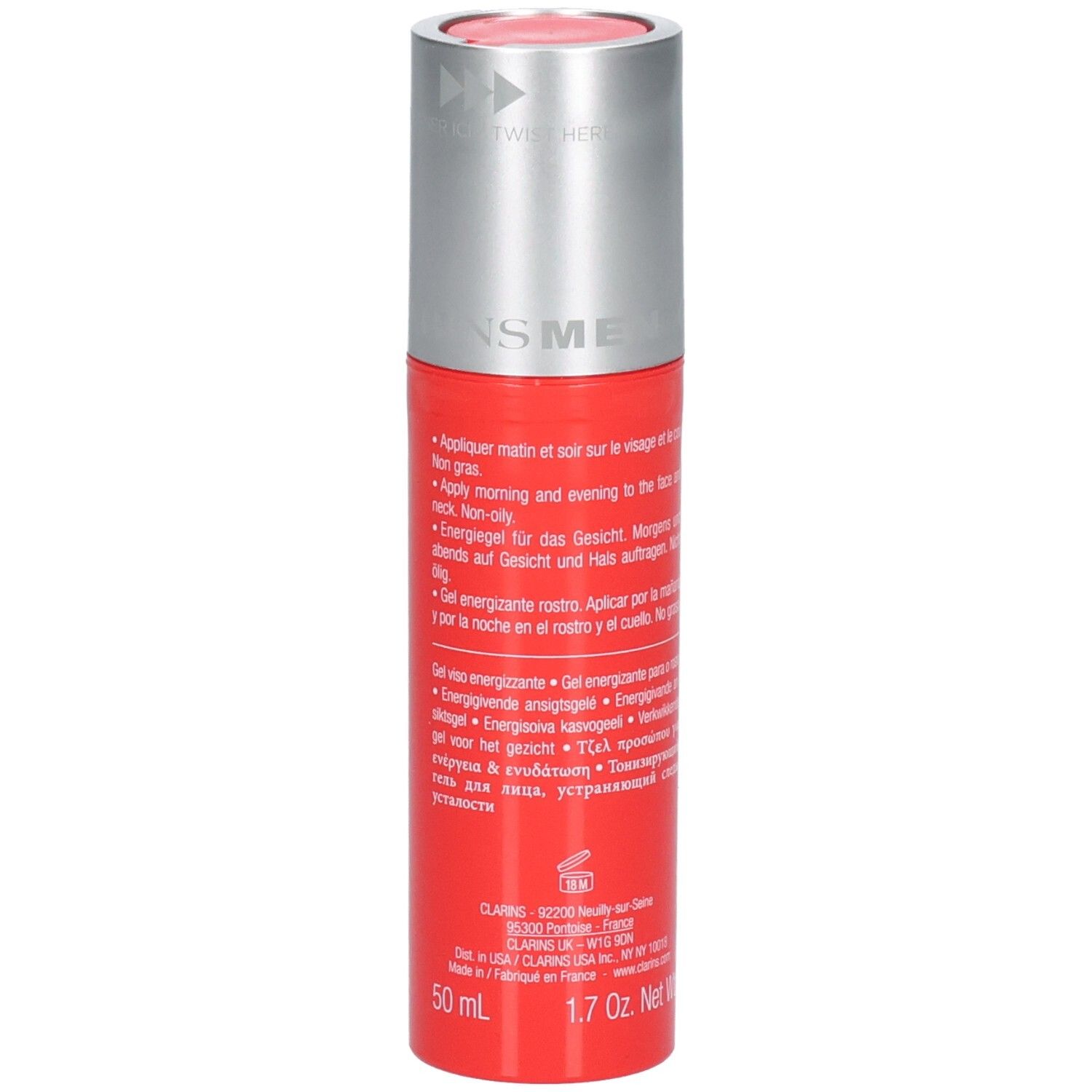 Bouteille Clarins Men Gel Énergisant avec bouchon distributeur argenté. Bouteille rouge avec texte blanc et bleu, 50 ml.