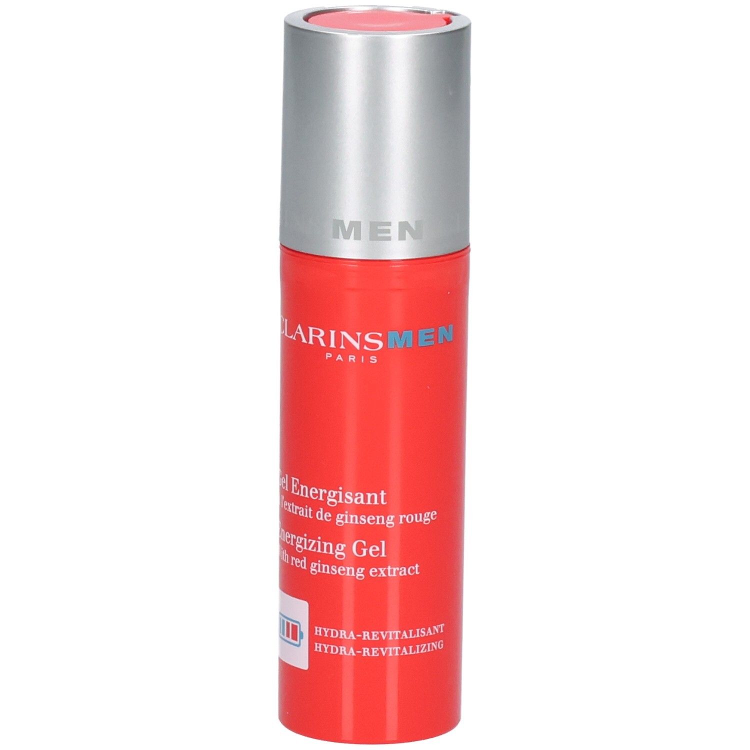 Bouteille Clarins Men Gel Énergisant avec bouchon distributeur argenté. Bouteille rouge avec texte blanc et bleu.