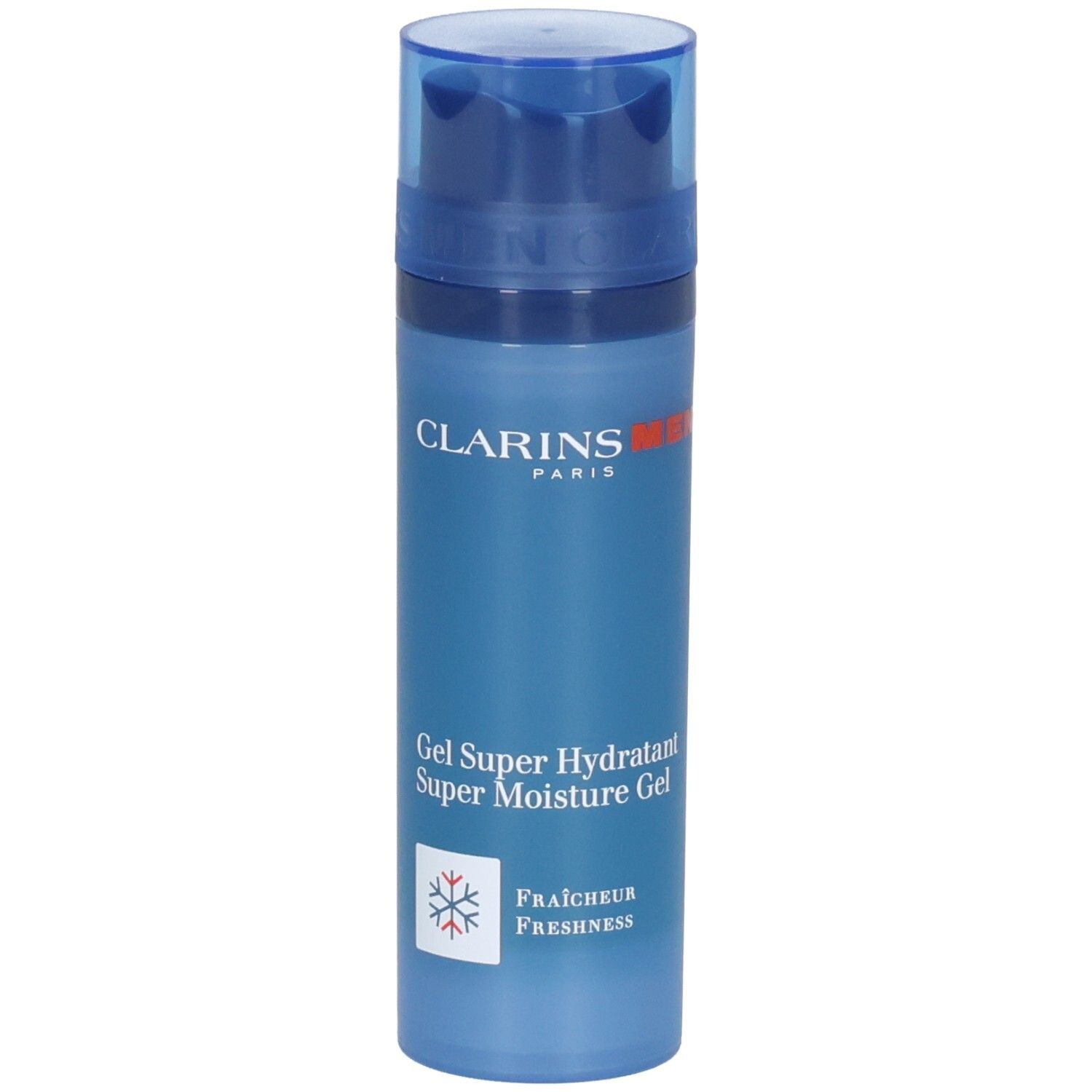 Clarins Men: Gel hydratant avec pompe. Flacon bleu avec inscription blanche et symbole flocon de neige.