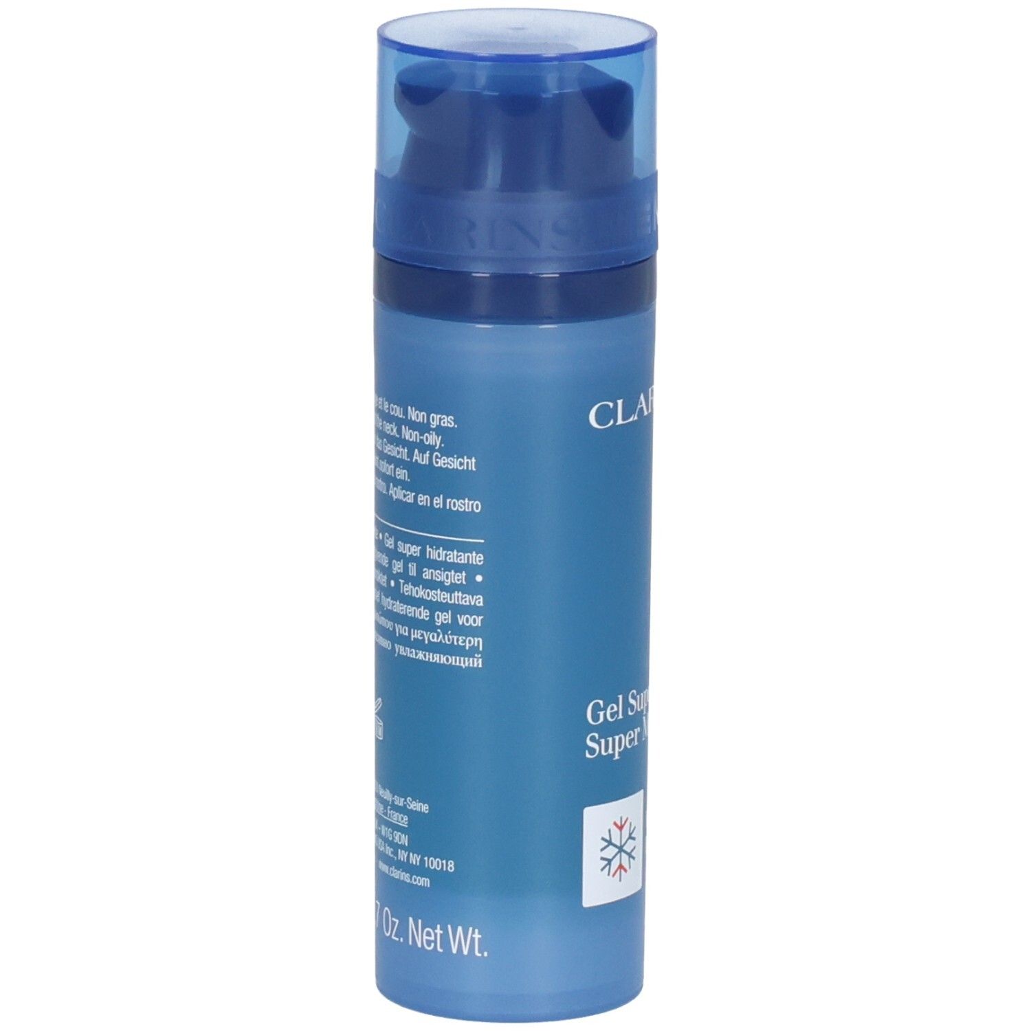 Clarins Men: Arrière du flacon de gel hydratant avec instructions et ingrédients.