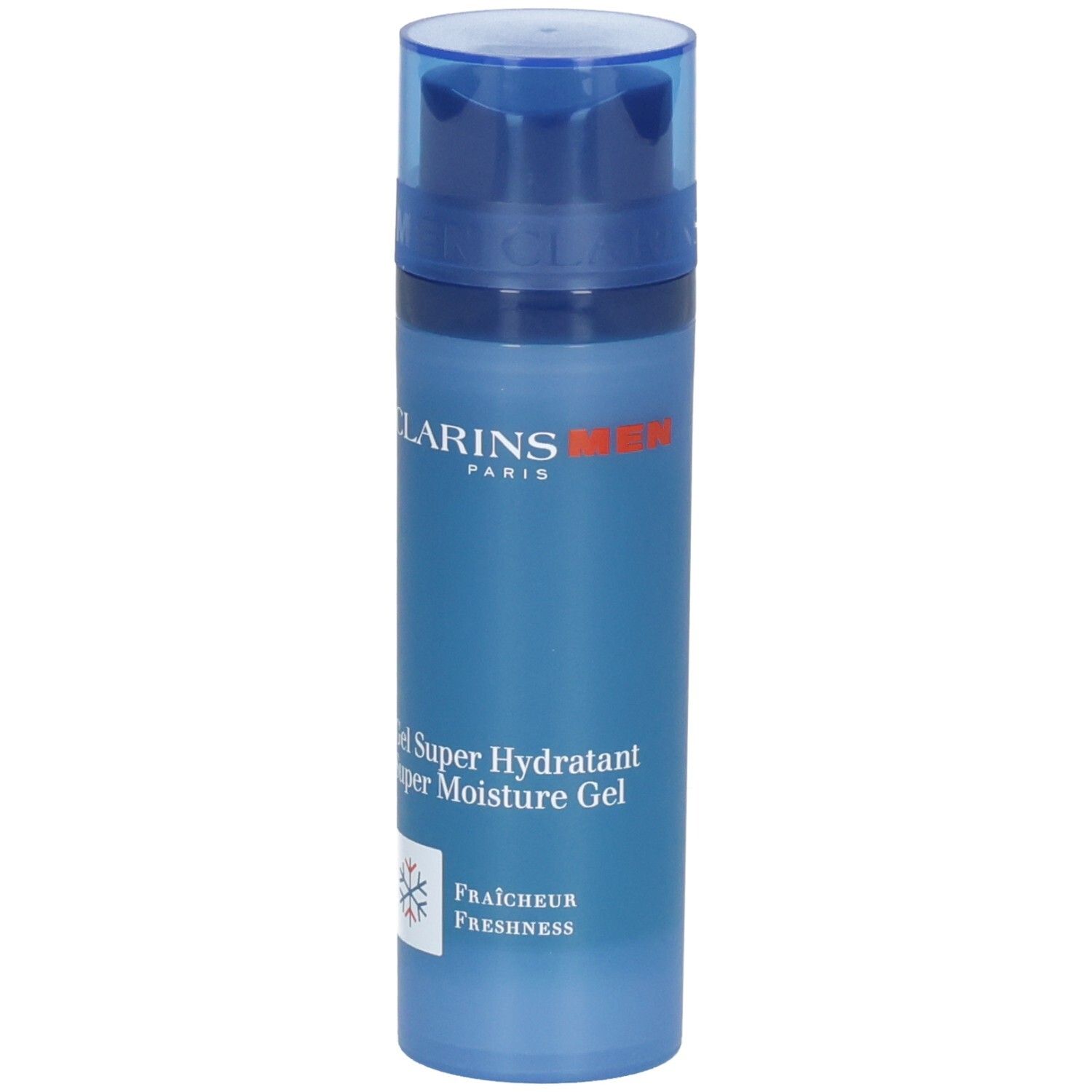 Clarins Men: Gel hydratant avec pompe. Flacon bleu avec inscription blanche et symbole flocon de neige.