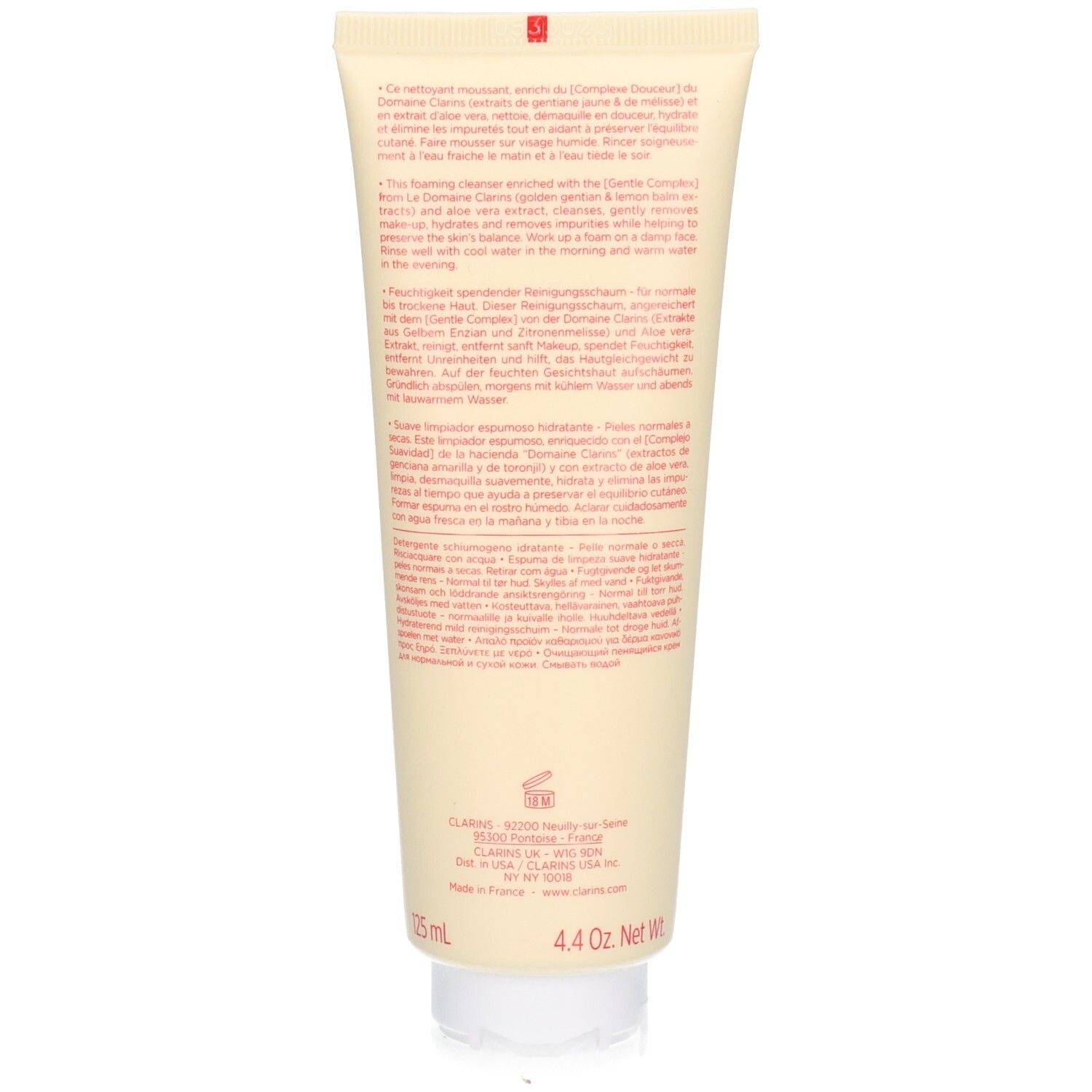 Arrière du tube Clarins Hydrating Gentle Foaming Cleanser avec informations détaillées sur le produit et instructions.