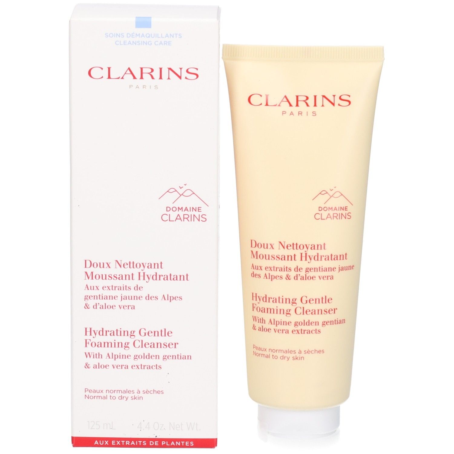 Tube et boîte d'emballage Clarins Hydrating Gentle Foaming Cleanser avec informations produit.