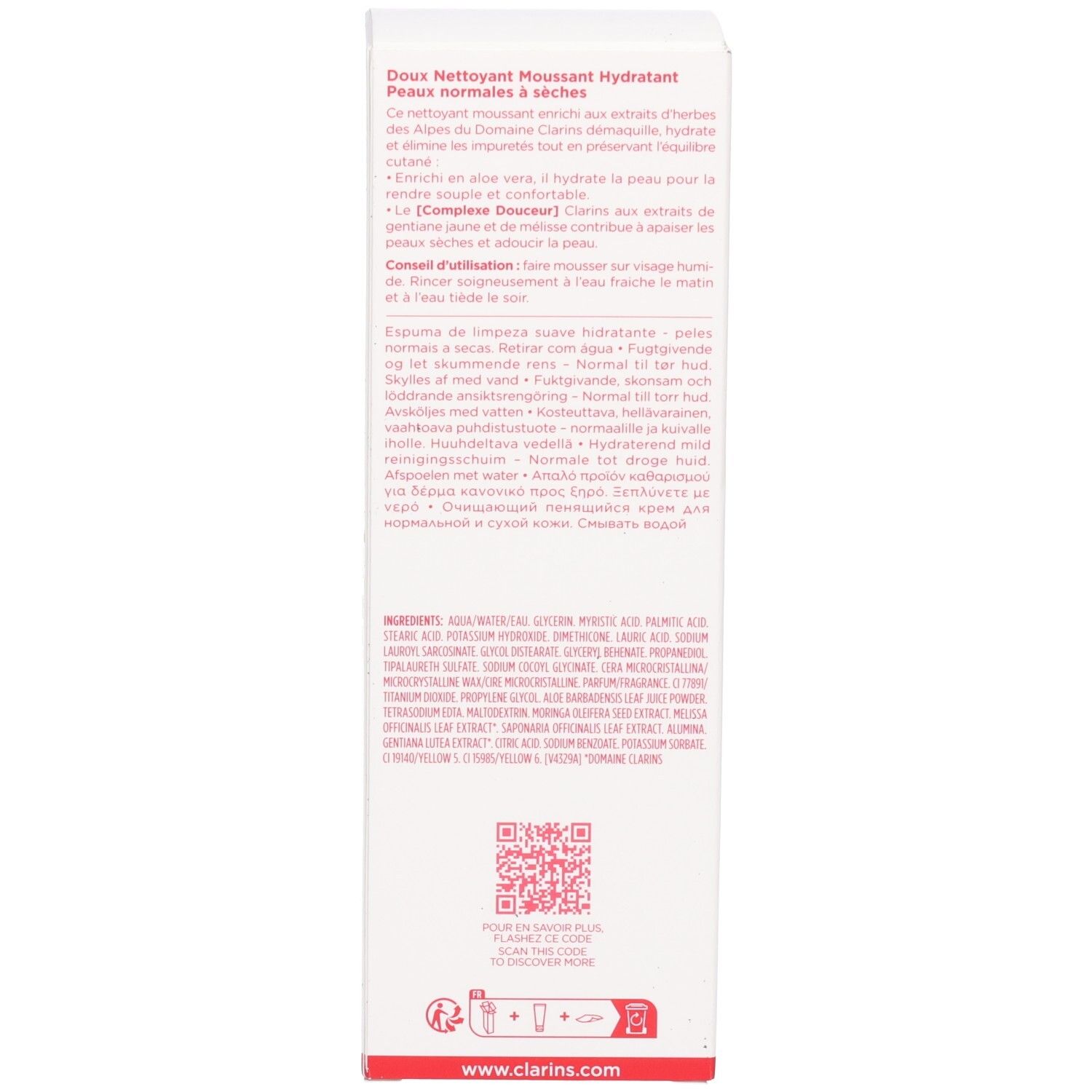 Côté de la boîte d'emballage Clarins Hydrating Gentle Foaming Cleanser avec informations produit détaillées et QR-code.