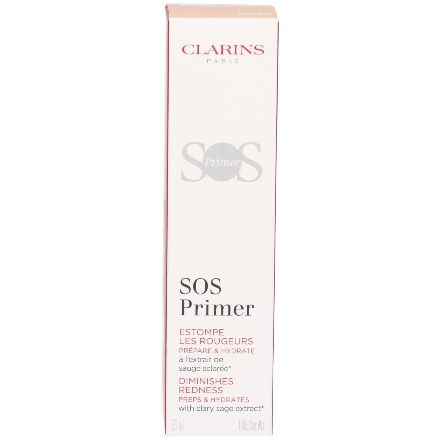 Clarins SOS Primer Green : emballage extérieur avec informations produit et nom de marque.