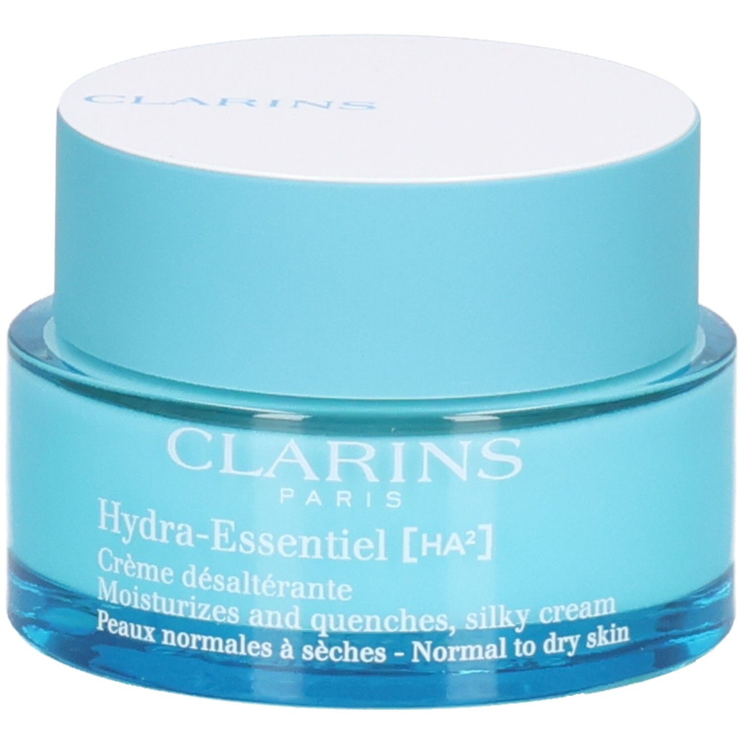 Crème de jour Clarins Hydra-Essentiel [HA²] dans un pot bleu avec couvercle blanc.