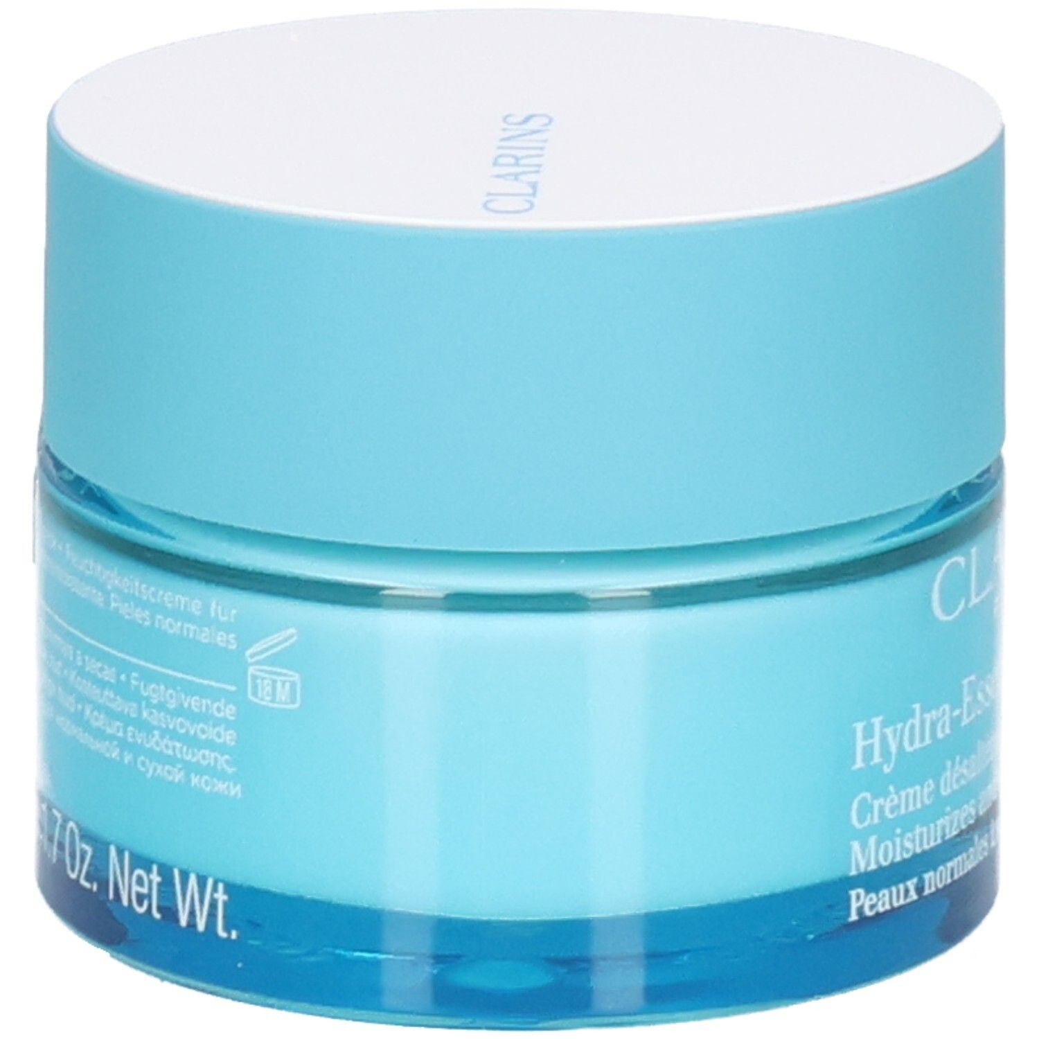 Crème de jour Clarins Hydra-Essentiel [HA²], vue latérale avec détails.