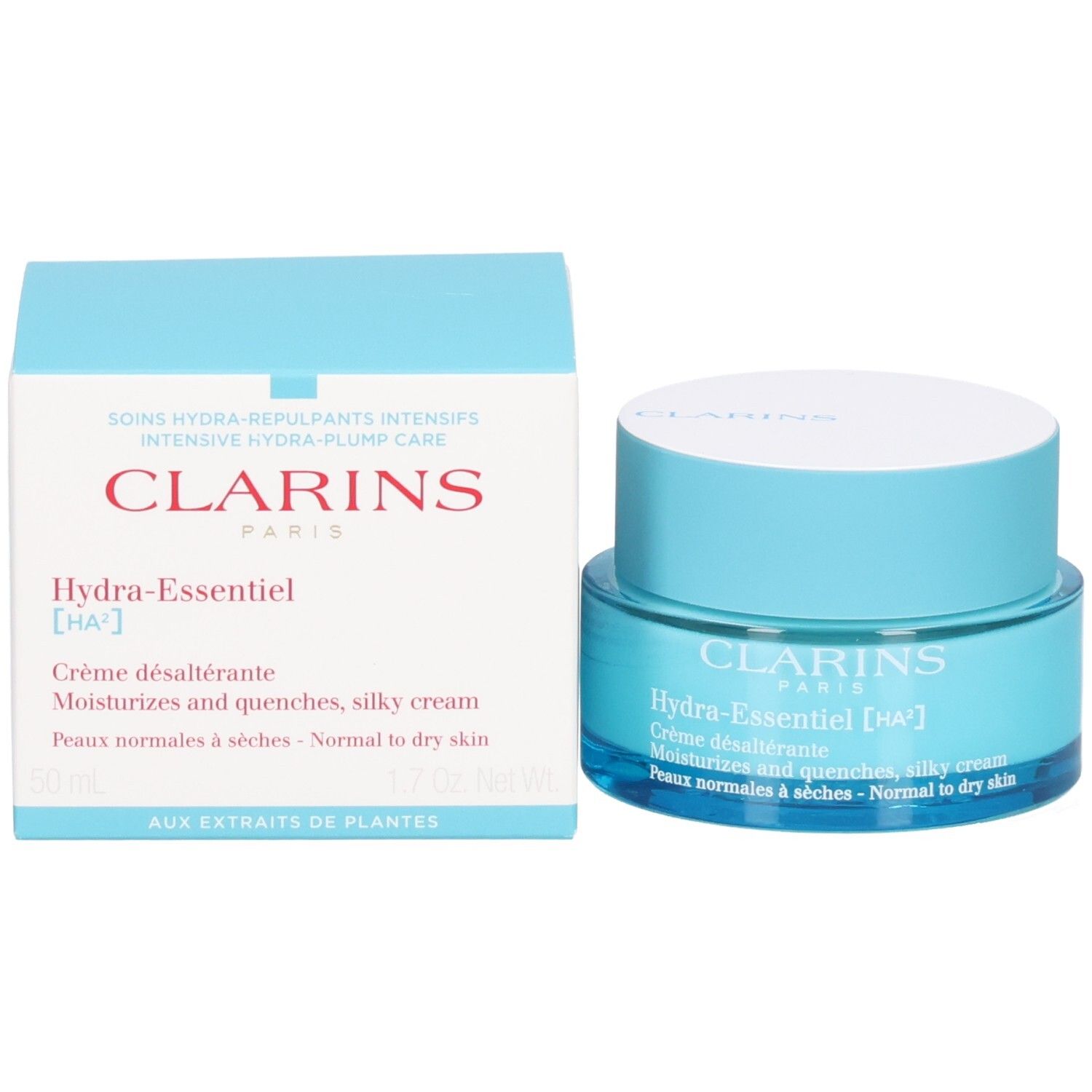 Crème de jour Clarins Hydra-Essentiel [HA²] avec emballage, pot bleu et boîte.