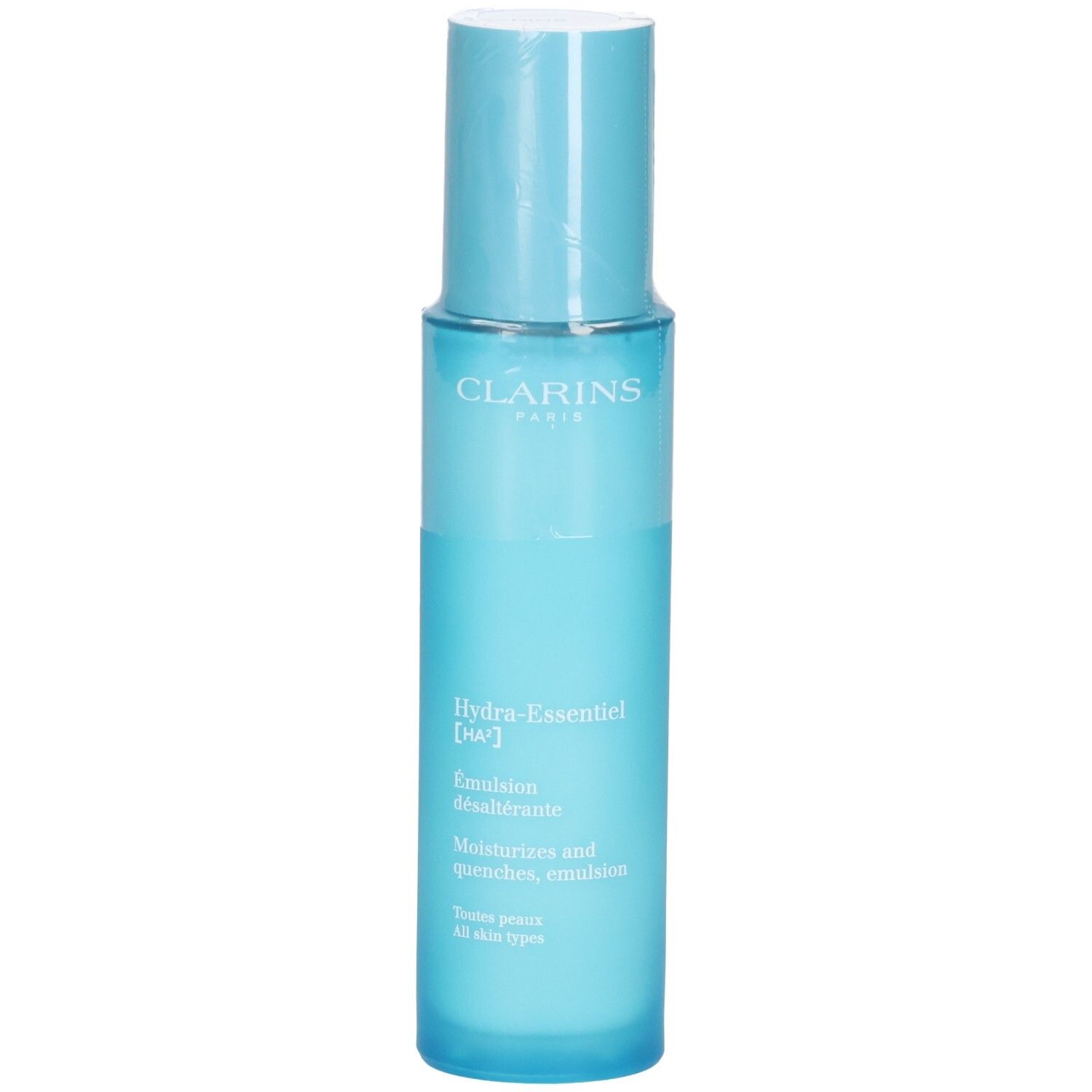 Clarins Hydra-Essentiel HA² Émulsion désaltérante, 75ml. Flacon bleu avec pompe.