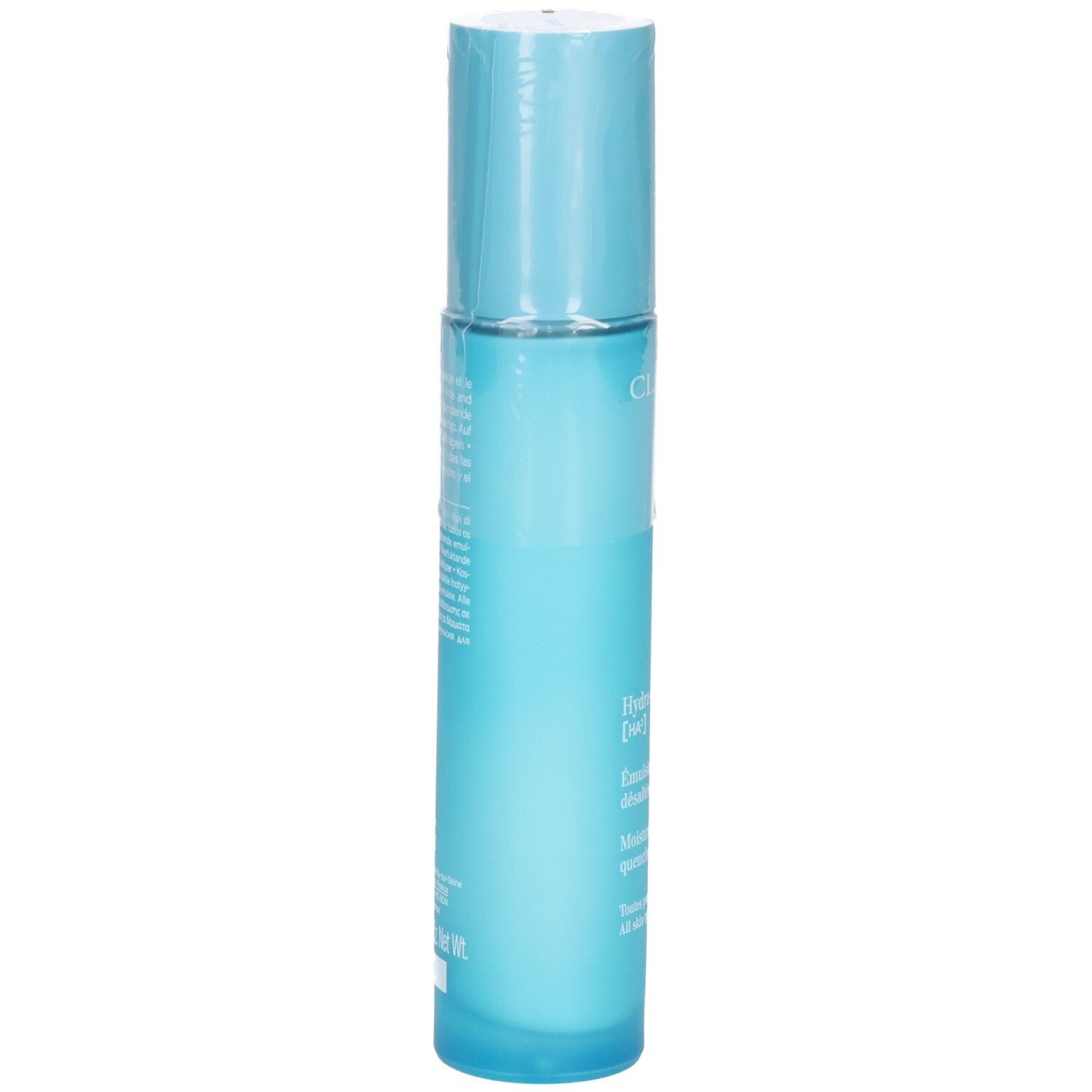 Clarins Hydra-Essentiel HA² Émulsion désaltérante, vue arrière. Contient des instructions d'utilisation.