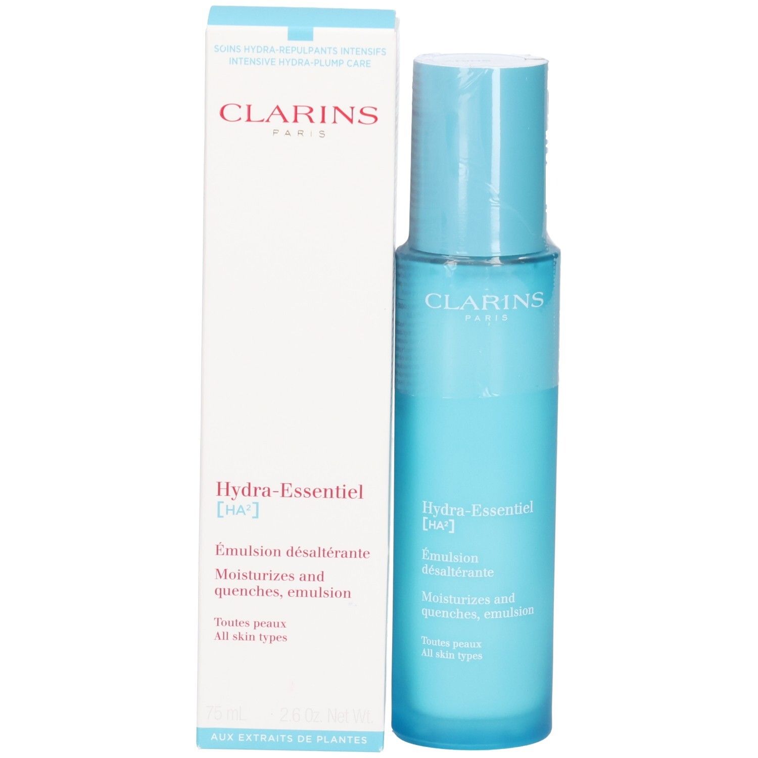 Clarins Hydra-Essentiel HA² Émulsion désaltérante et son emballage. Comprend flacon et boîte.