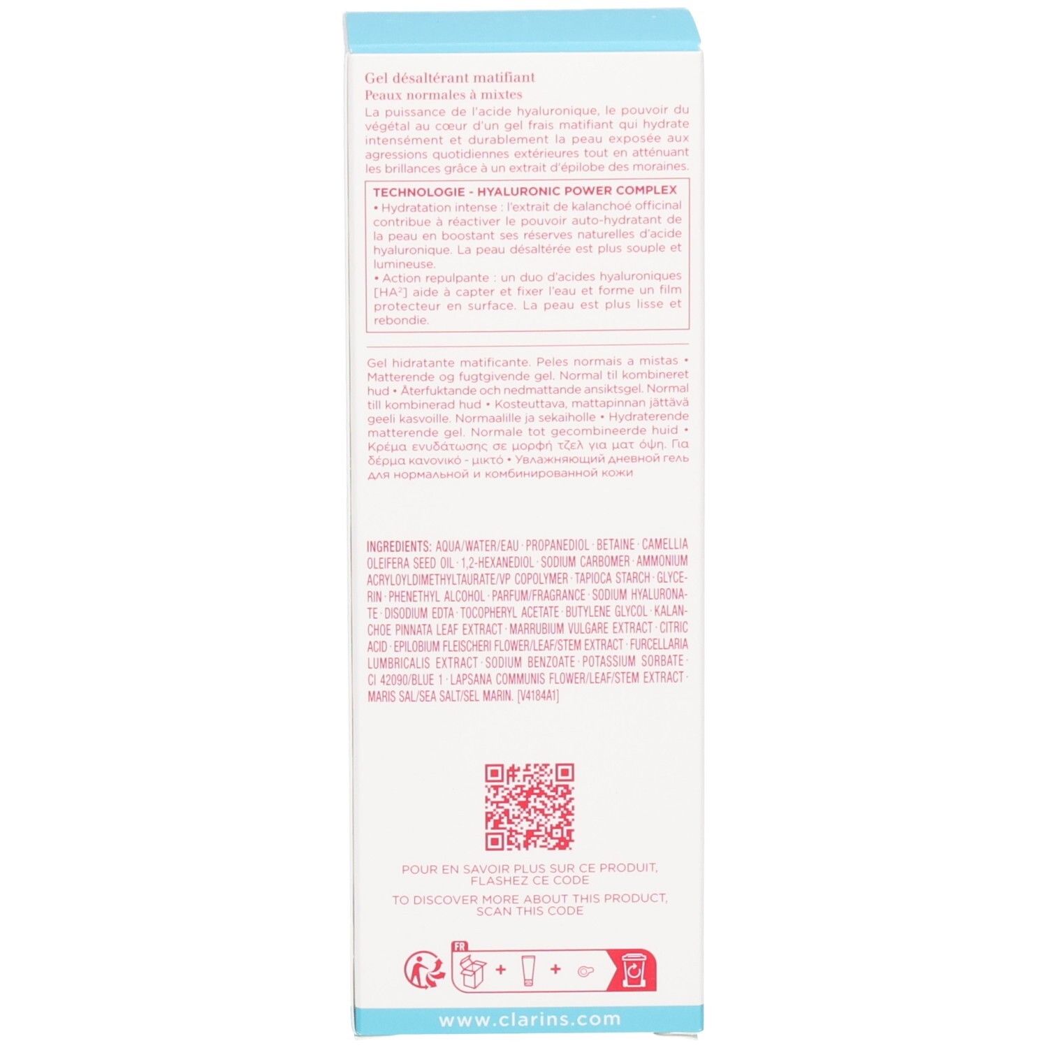 Vue latérale de la boîte Clarins Hydra-Essentiel [HA²] Gel Matifiant avec ingrédients.