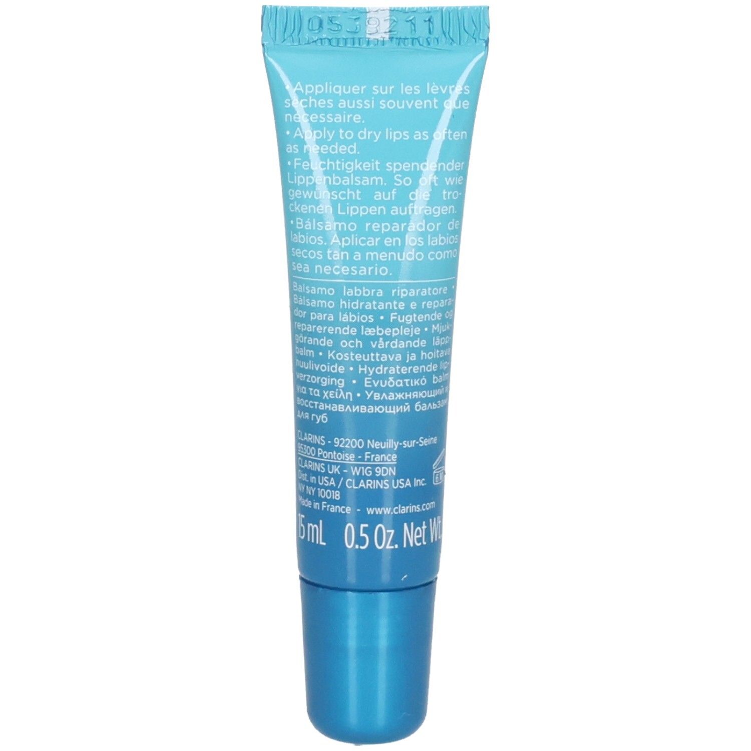 Achterkant van de Clarins Hydra-Essentiel lippenbalsem tube met instructies.