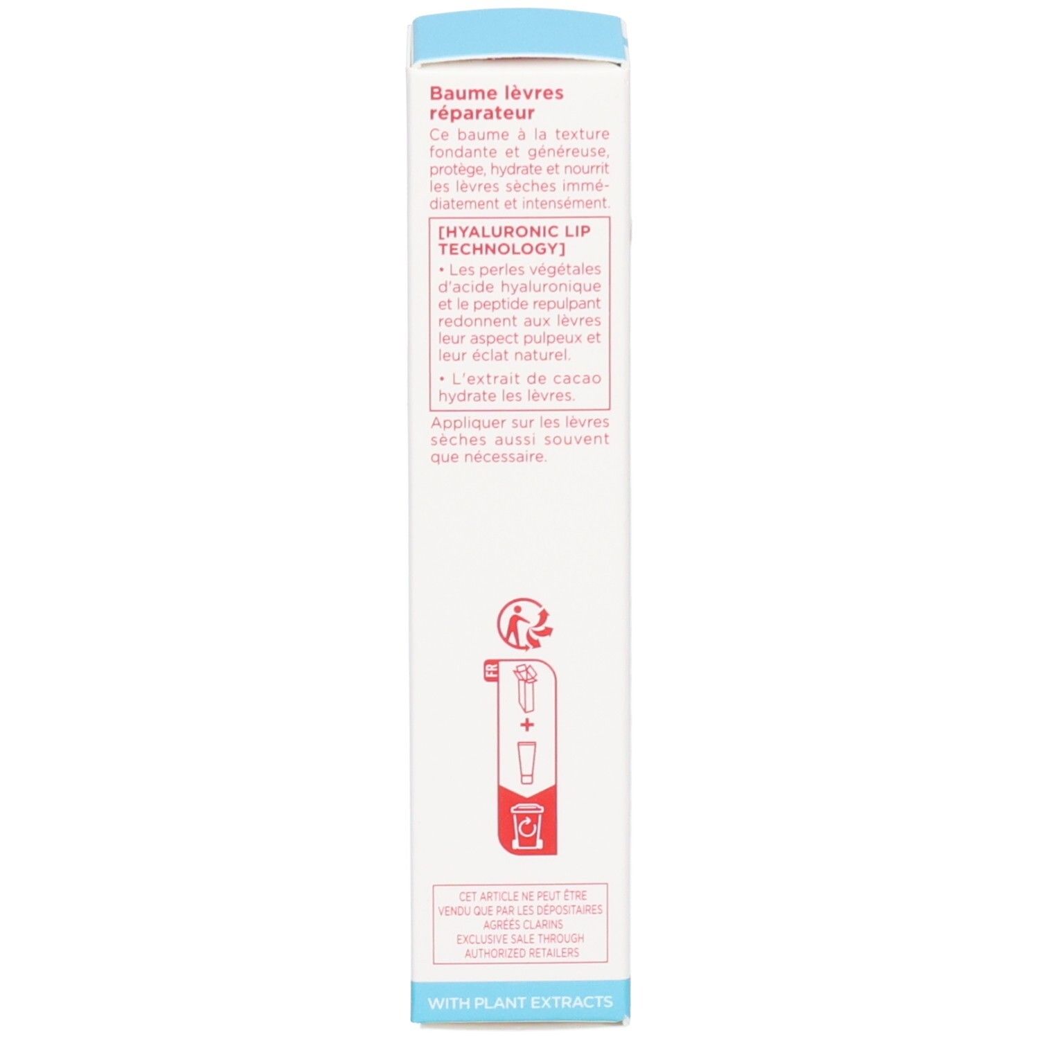 Zijkant van het Clarins Hydra-Essentiel lippenbalsem doosje met productinformatie.