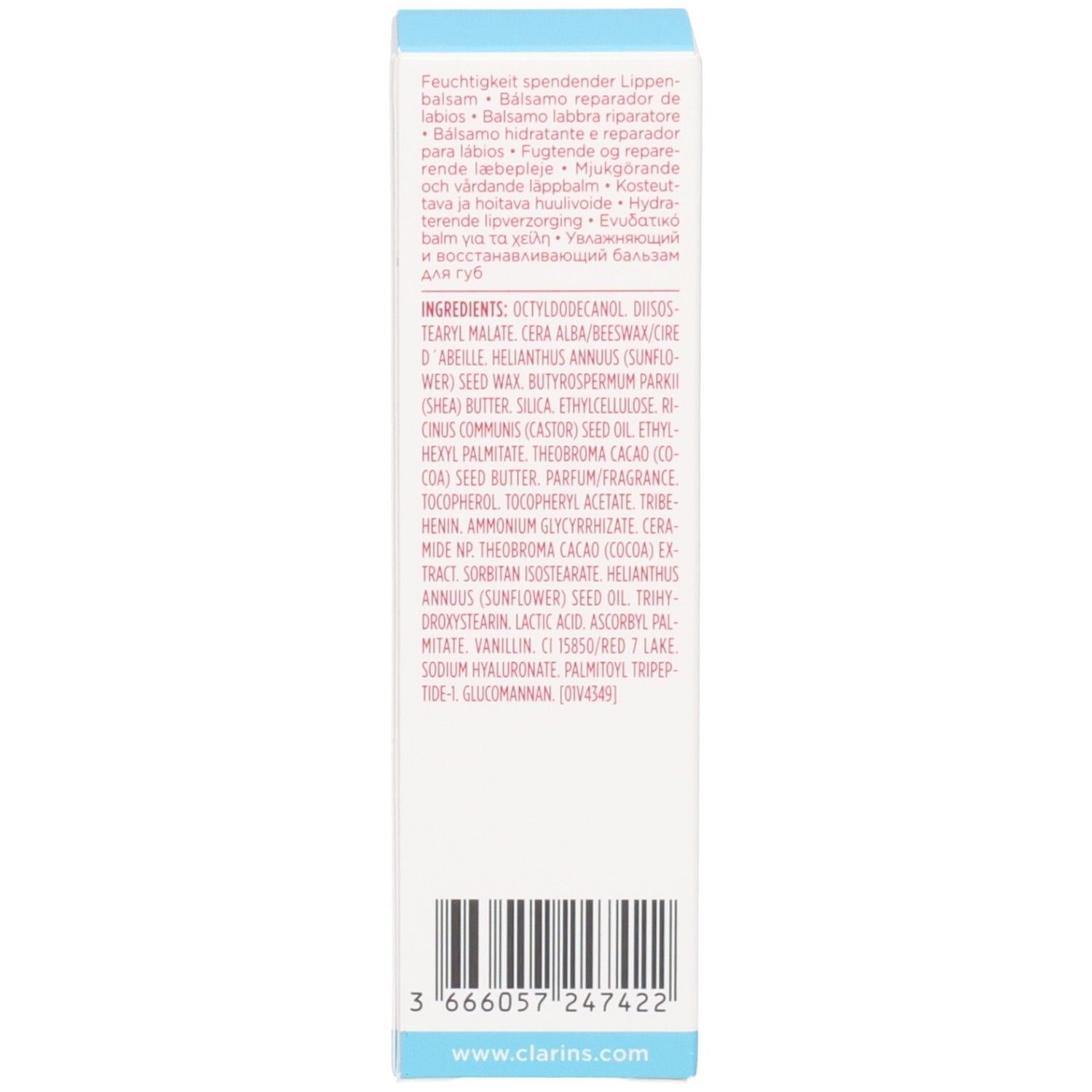 Zijkant van het Clarins Hydra-Essentiel lippenbalsem doosje met ingrediënten.