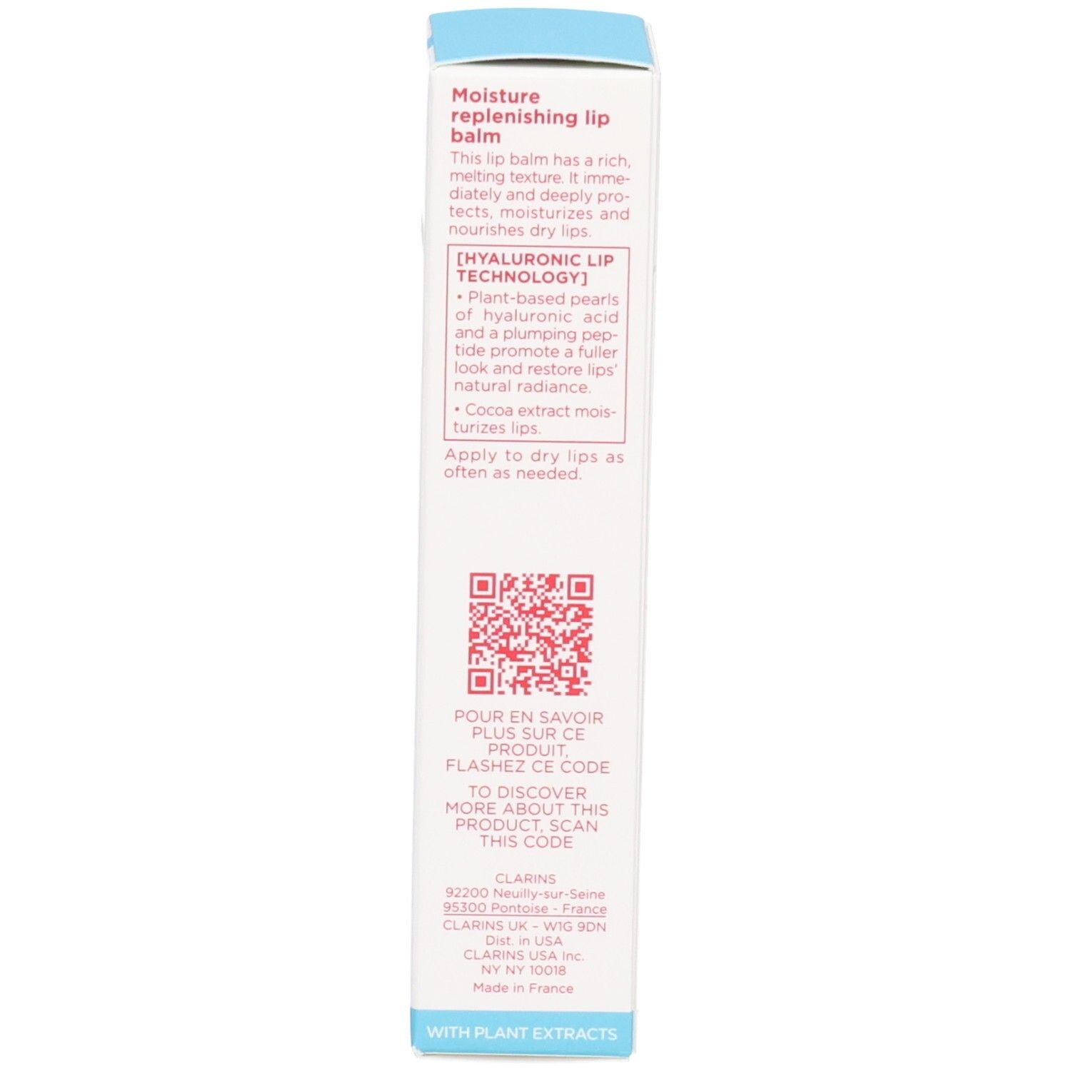 Zijkant van het Clarins Hydra-Essentiel lippenbalsem doosje met instructies.
