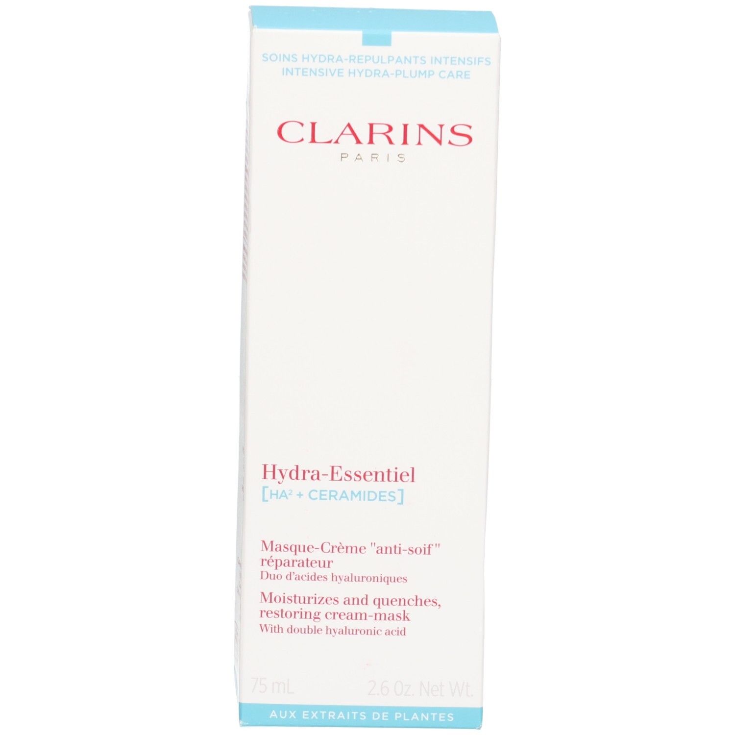 Boîte Clarins Hydra-Essentiel Masque-Crème anti-soif réparateur. Carton avec informations produit et logo de la marque. 75 ml.
