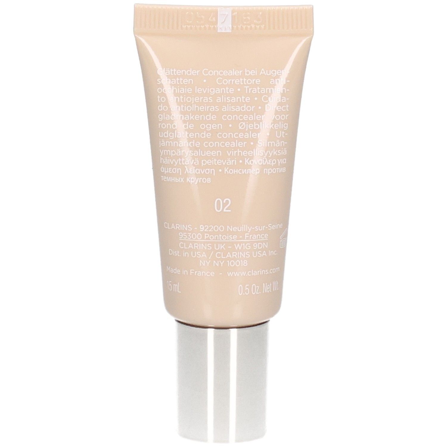 Achterkant van de Clarins Instant Concealer tube, Nr. 02, met productinformatie en kleurcode.