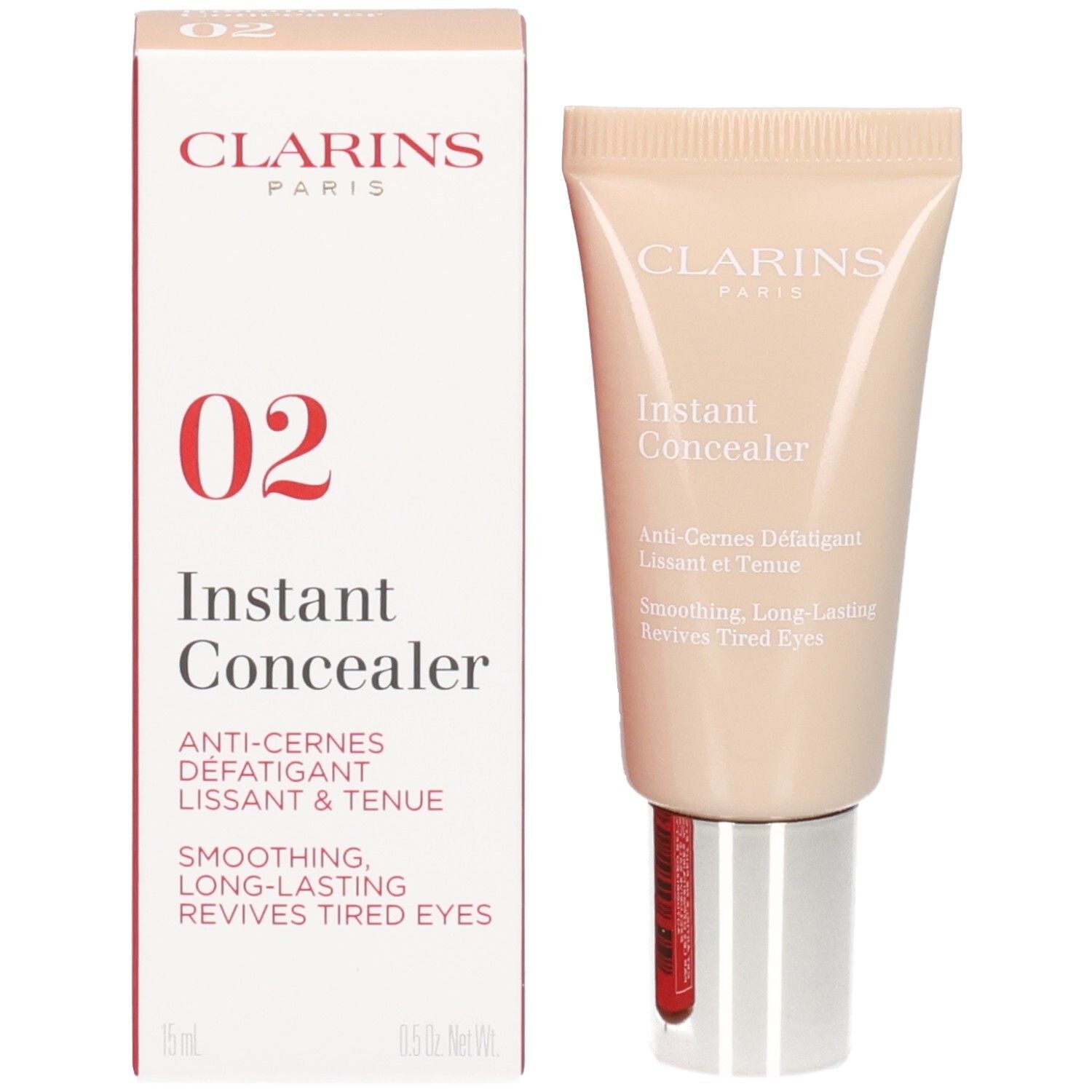 Clarins Instant Concealer, Nr. 02, en de verpakking. De concealer zit in een lichtbeige tube, de doos is rood en wit.