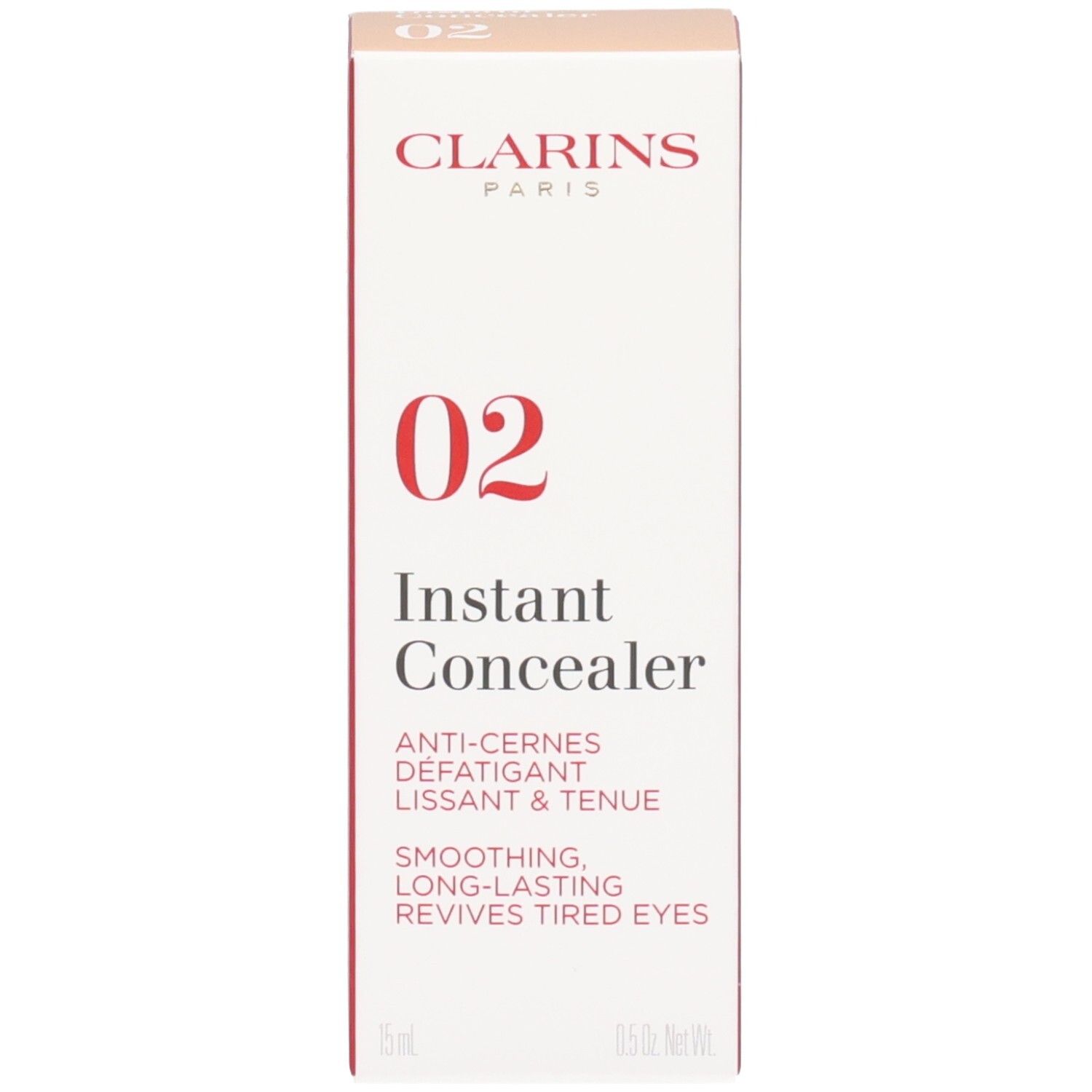 Verpakking van Clarins Instant Concealer, Nr. 02, in rood en wit met productnaam en kleurnummer.